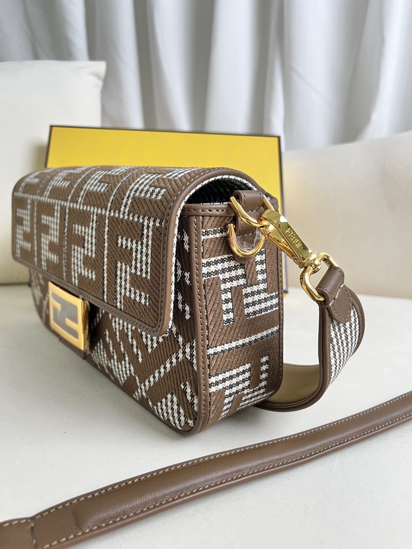 FENDI Baguette Beige Canvas Shoulder Bag With FF Motif