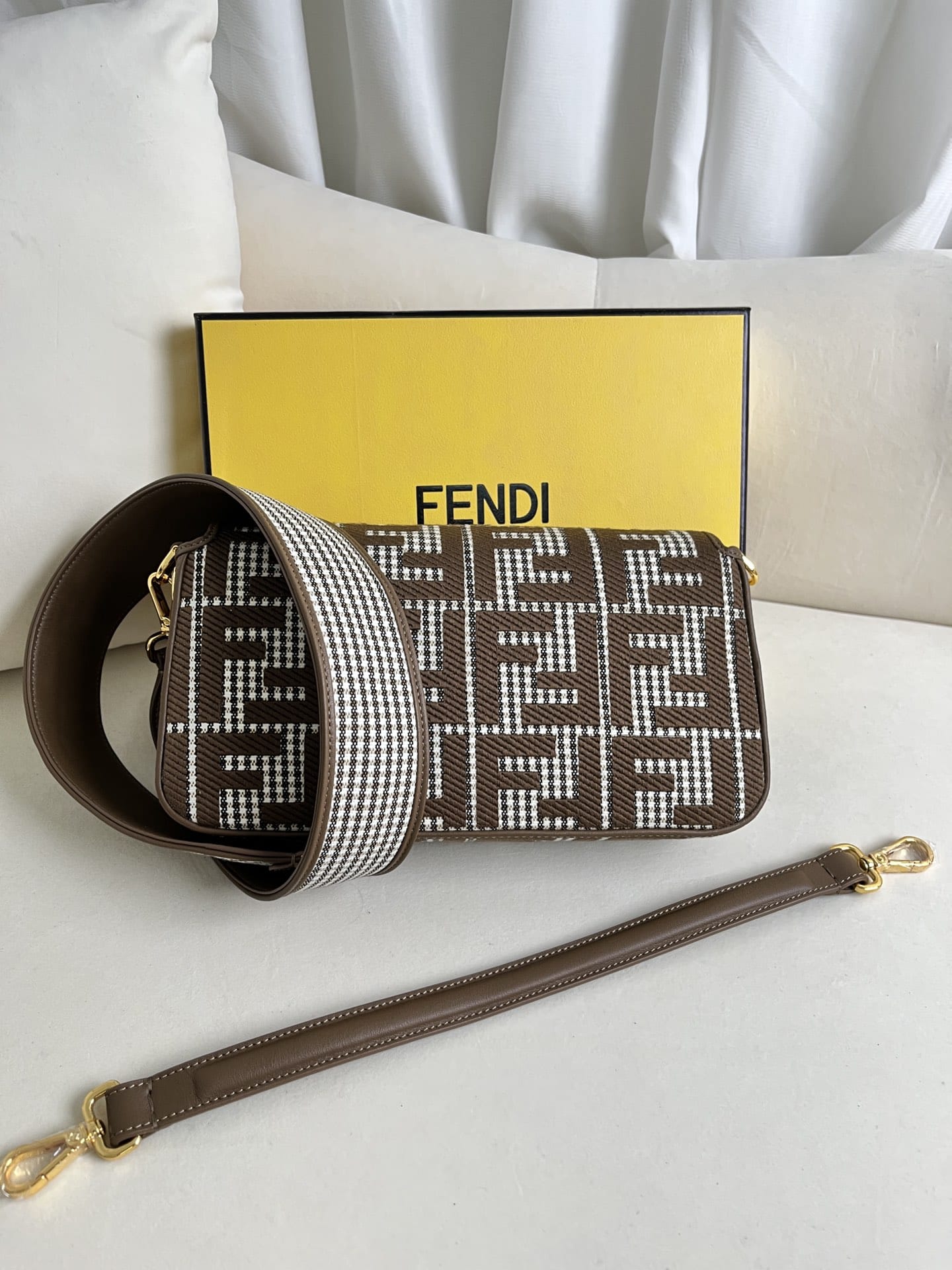 FENDI Baguette Beige Canvas Shoulder Bag With FF Motif