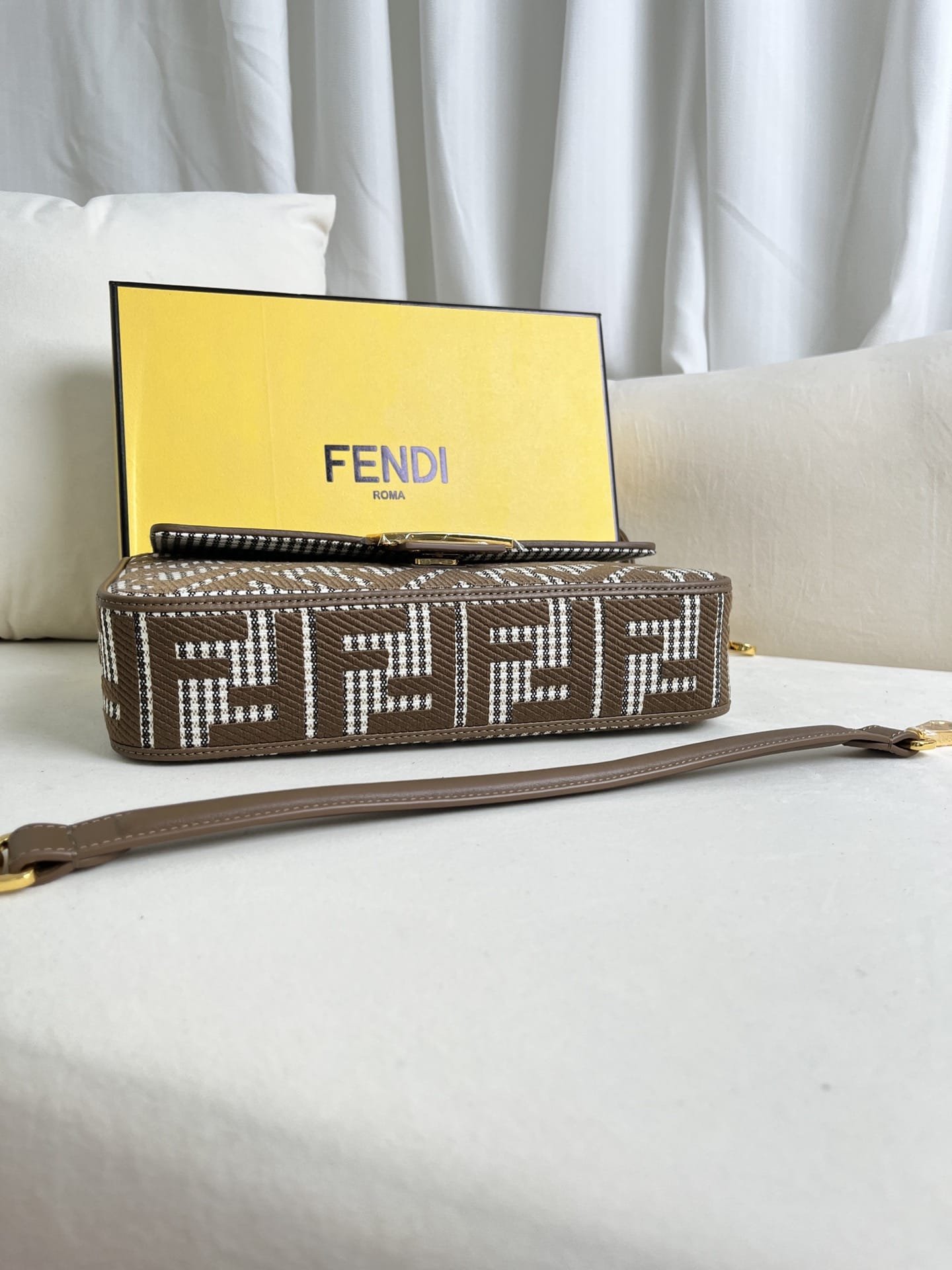 FENDI Baguette Beige Canvas Shoulder Bag With FF Motif