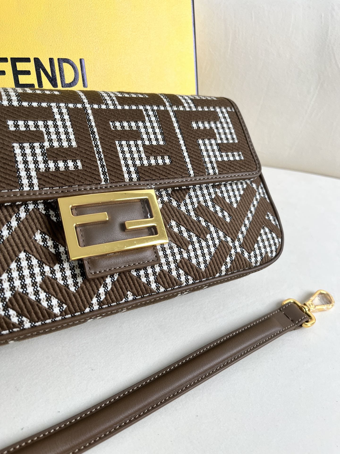 FENDI Baguette Beige Canvas Shoulder Bag With FF Motif