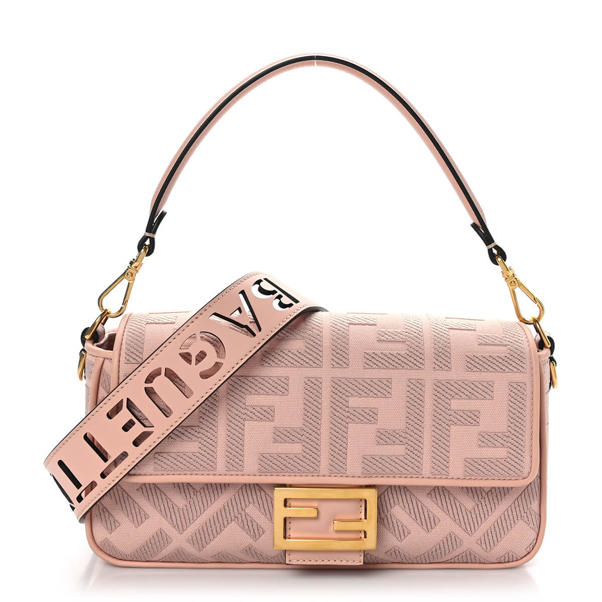 FENDI Baguette Pink Canvas Shoulder Bag With FF Motif