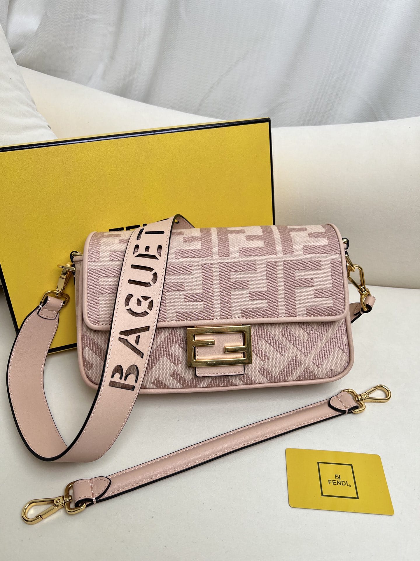 FENDI Baguette Pink Canvas Shoulder Bag With FF Motif