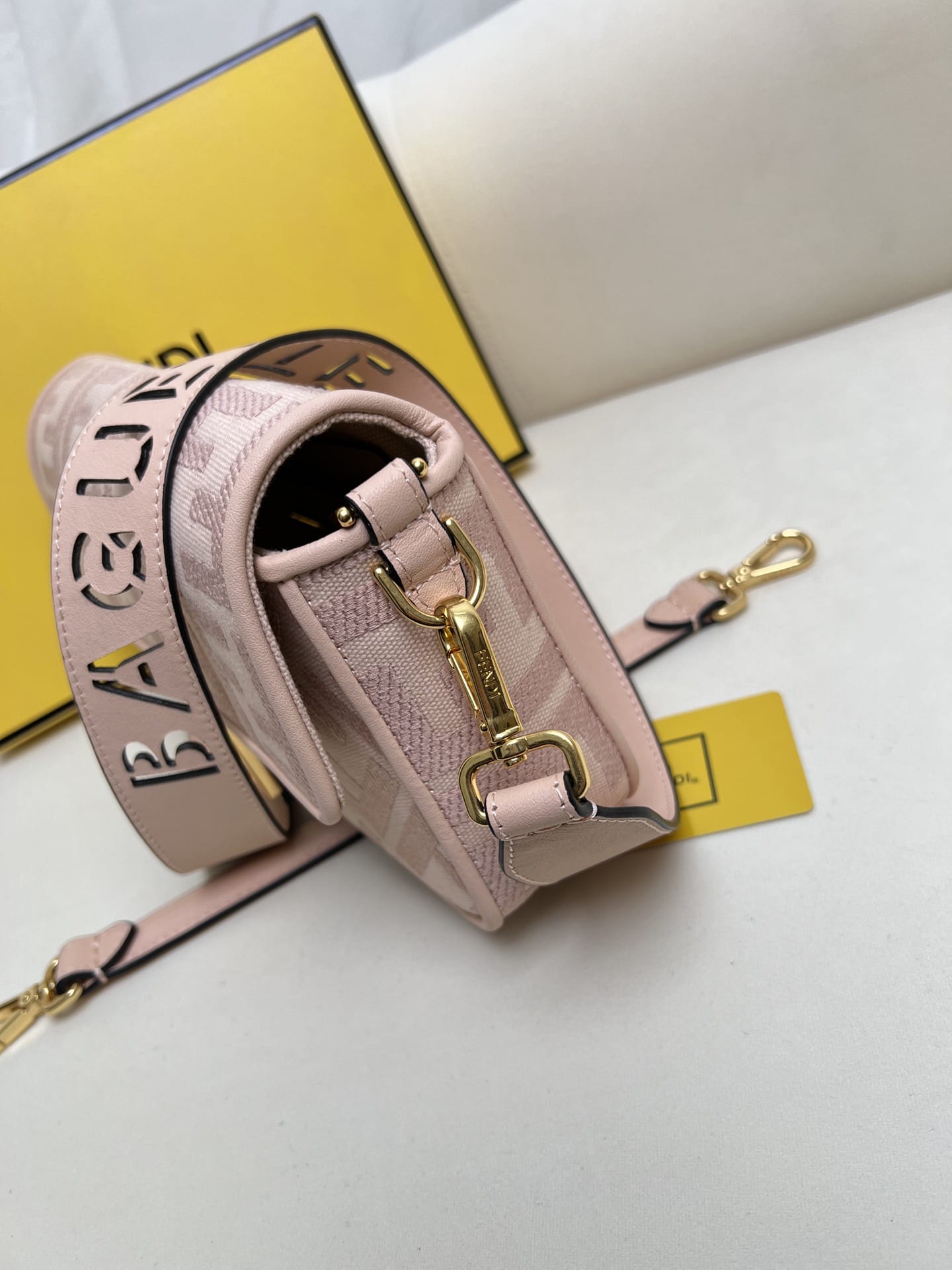 FENDI Baguette Pink Canvas Shoulder Bag With FF Motif