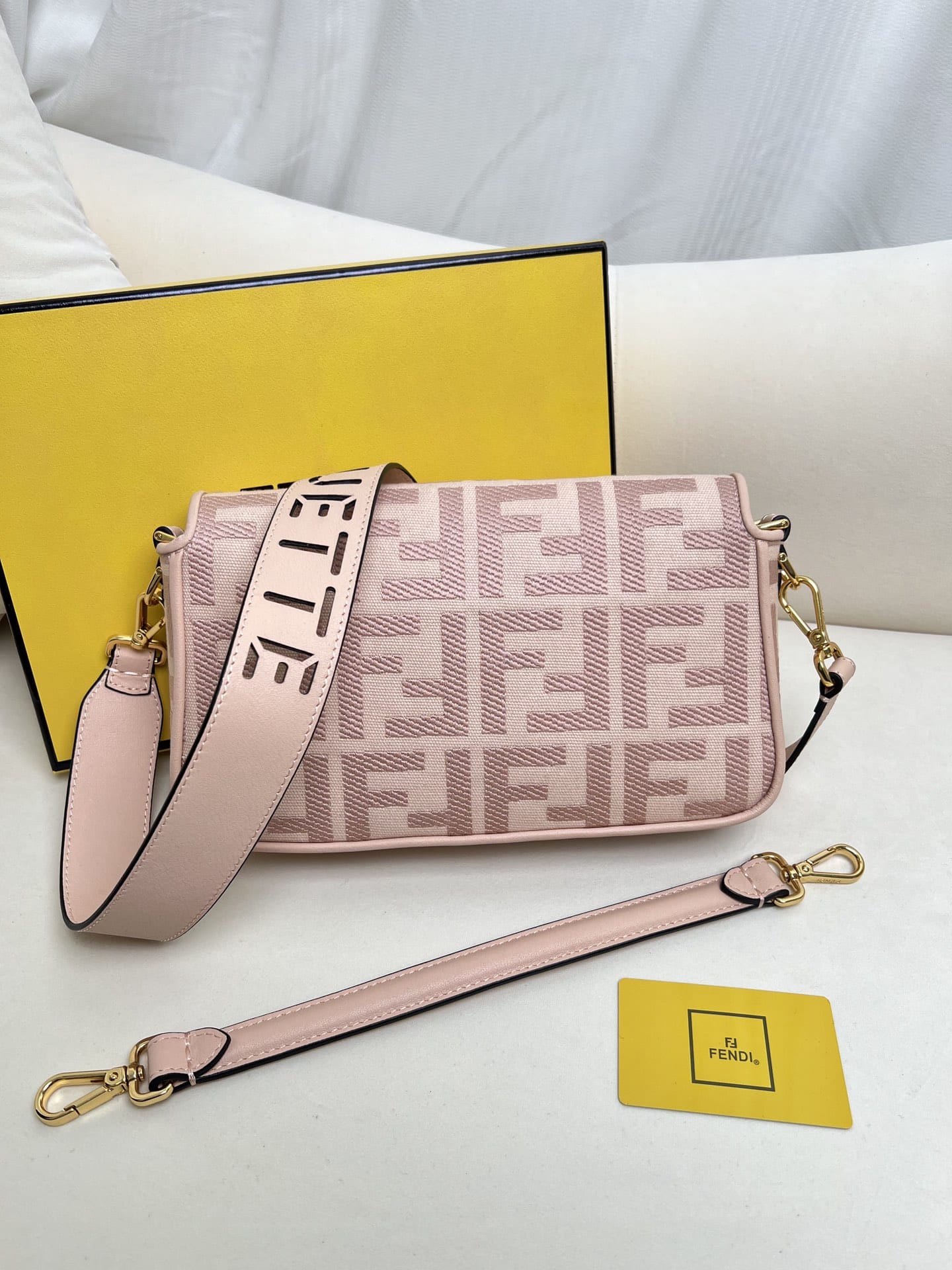 FENDI Baguette Pink Canvas Shoulder Bag With FF Motif