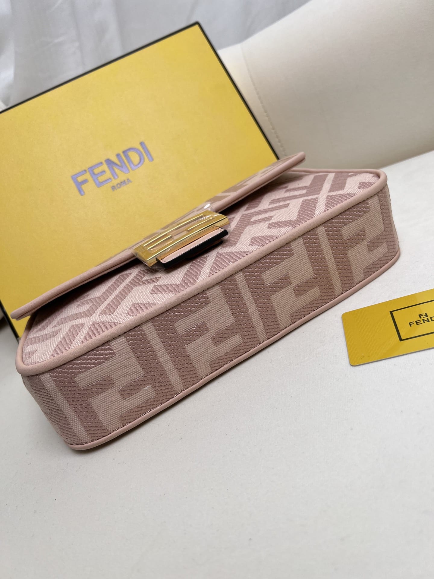 FENDI Baguette Pink Canvas Shoulder Bag With FF Motif