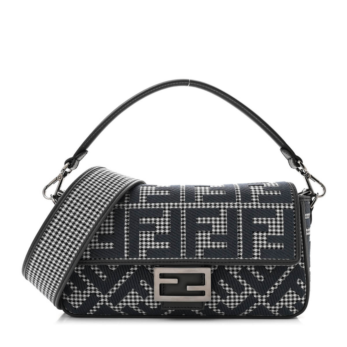 FENDI Baguette Grigio Anthracite Canvas Shoulder Bag With FF Motif