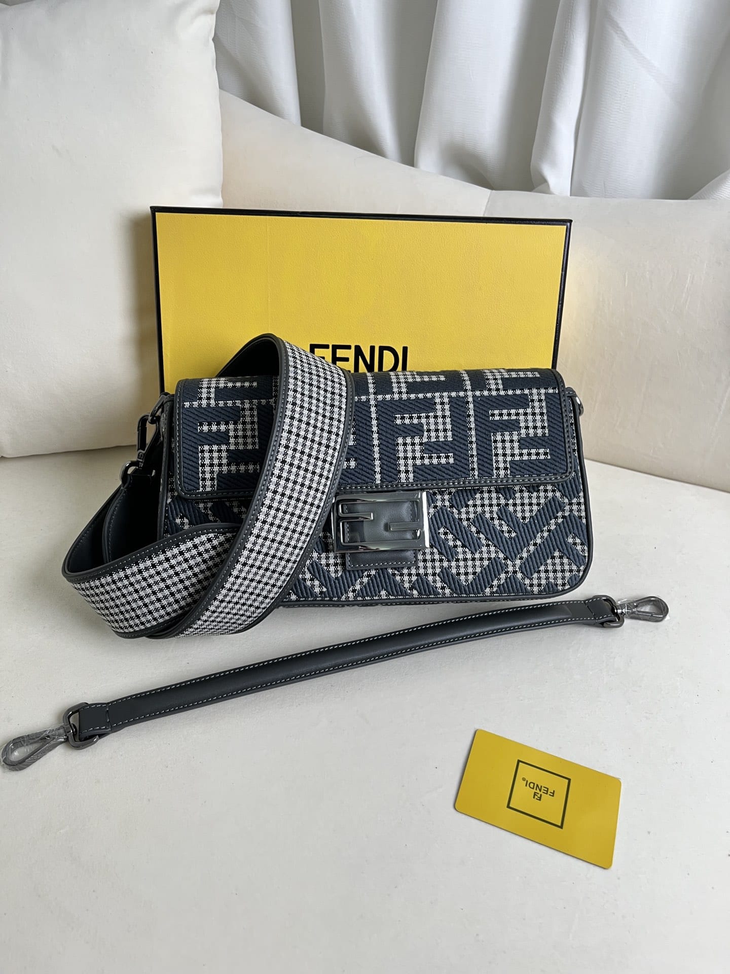 FENDI Baguette Grigio Anthracite Canvas Shoulder Bag With FF Motif