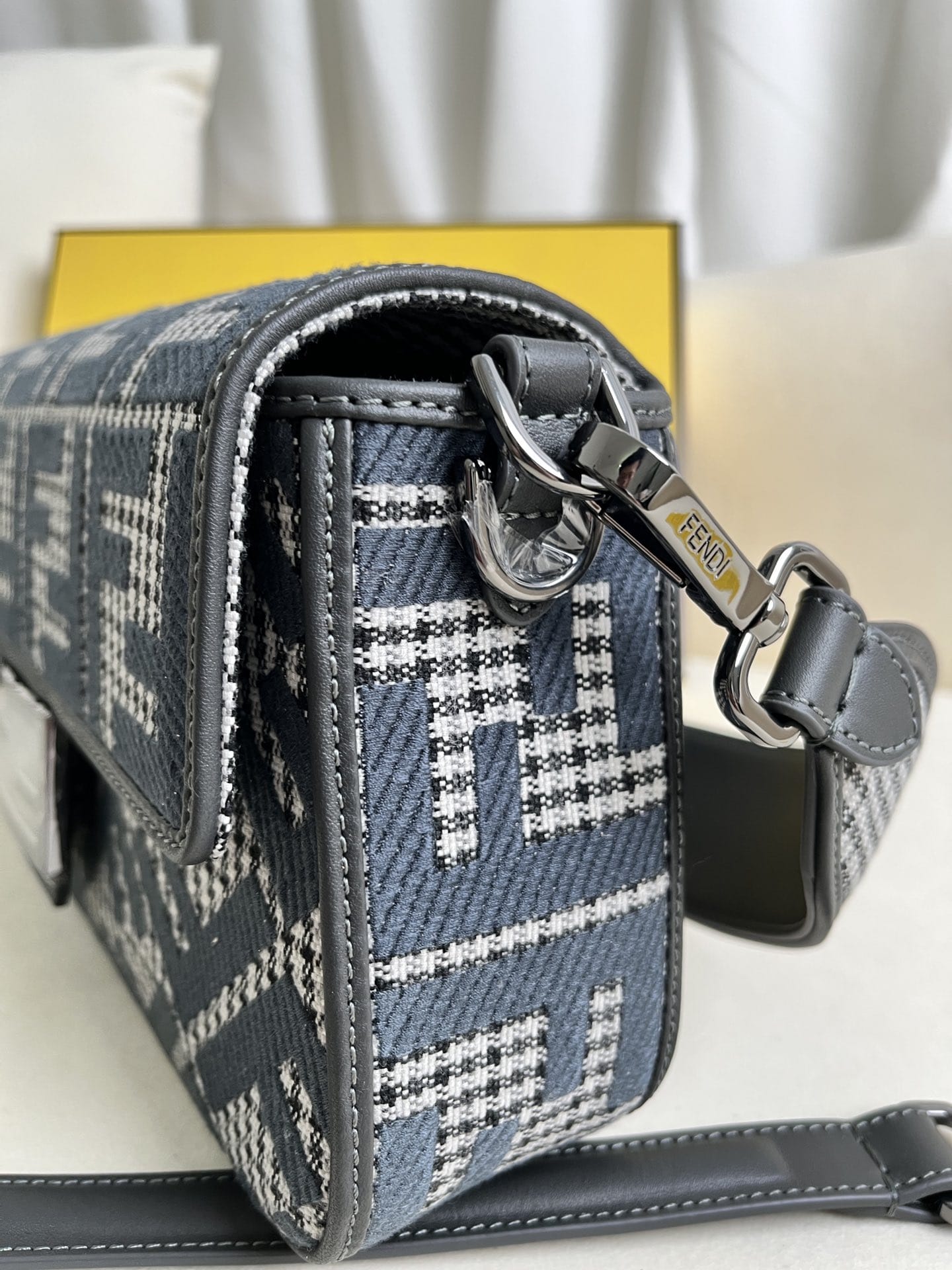 FENDI Baguette Grigio Anthracite Canvas Shoulder Bag With FF Motif