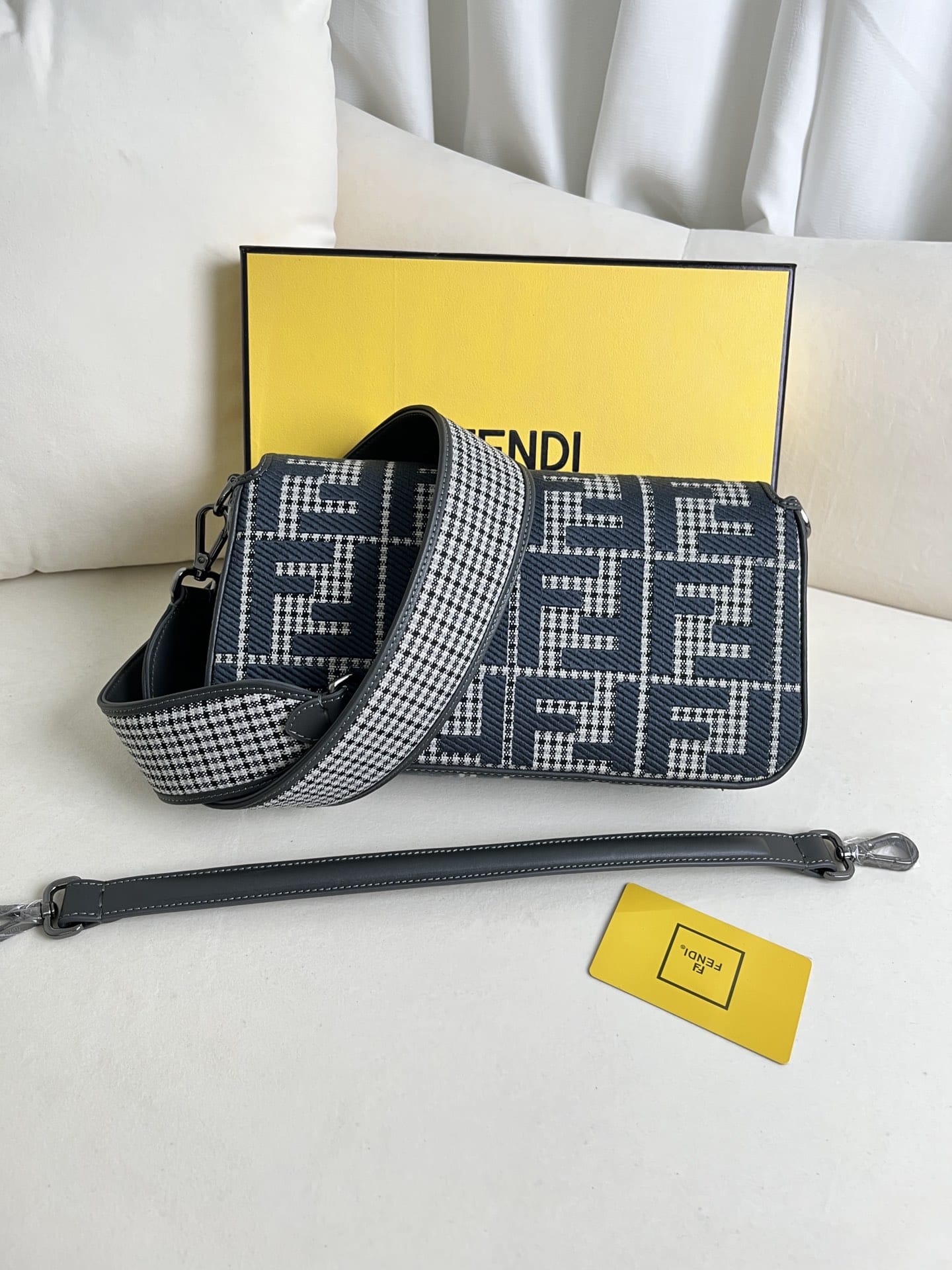 FENDI Baguette Grigio Anthracite Canvas Shoulder Bag With FF Motif