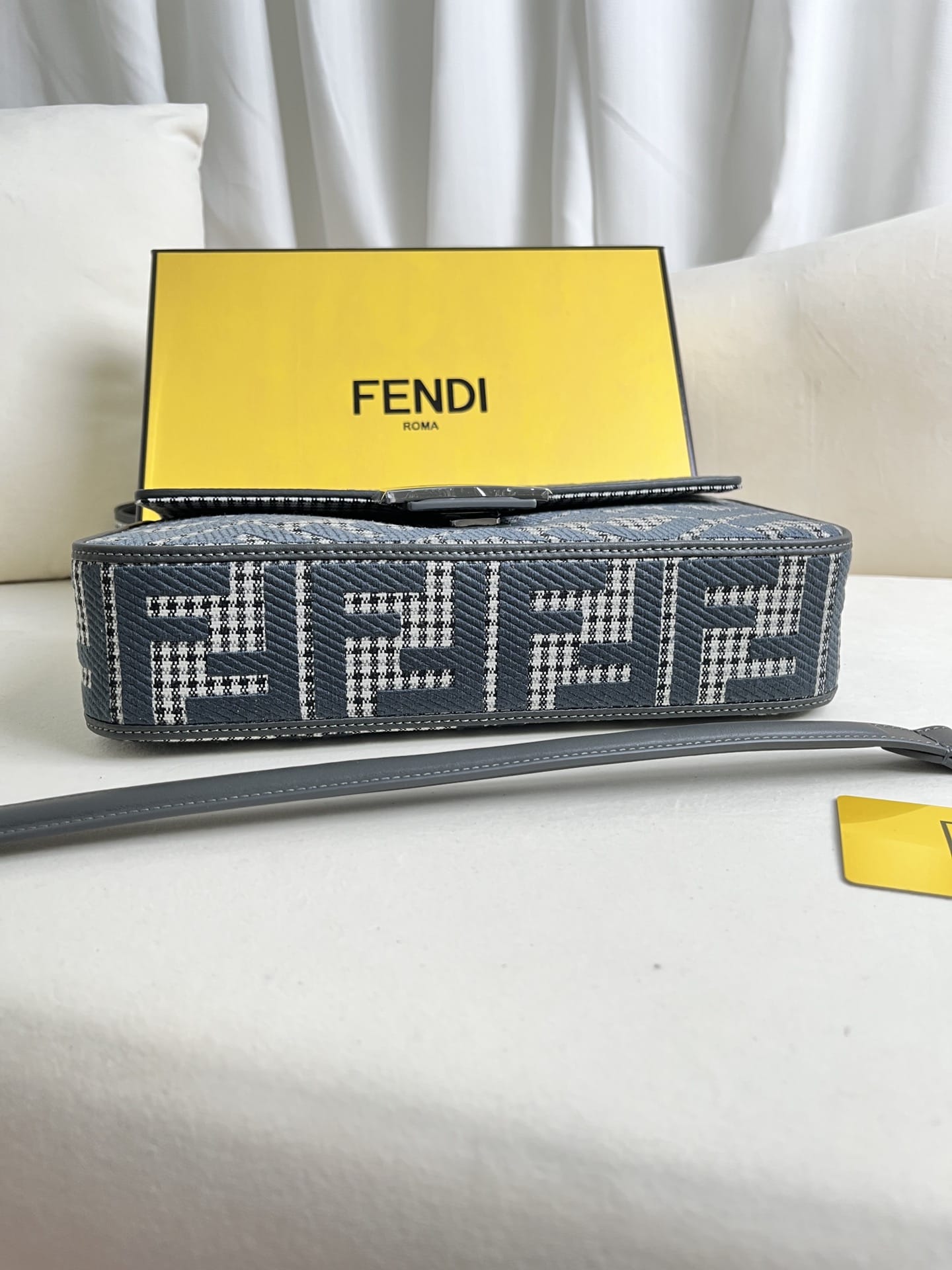 FENDI Baguette Grigio Anthracite Canvas Shoulder Bag With FF Motif