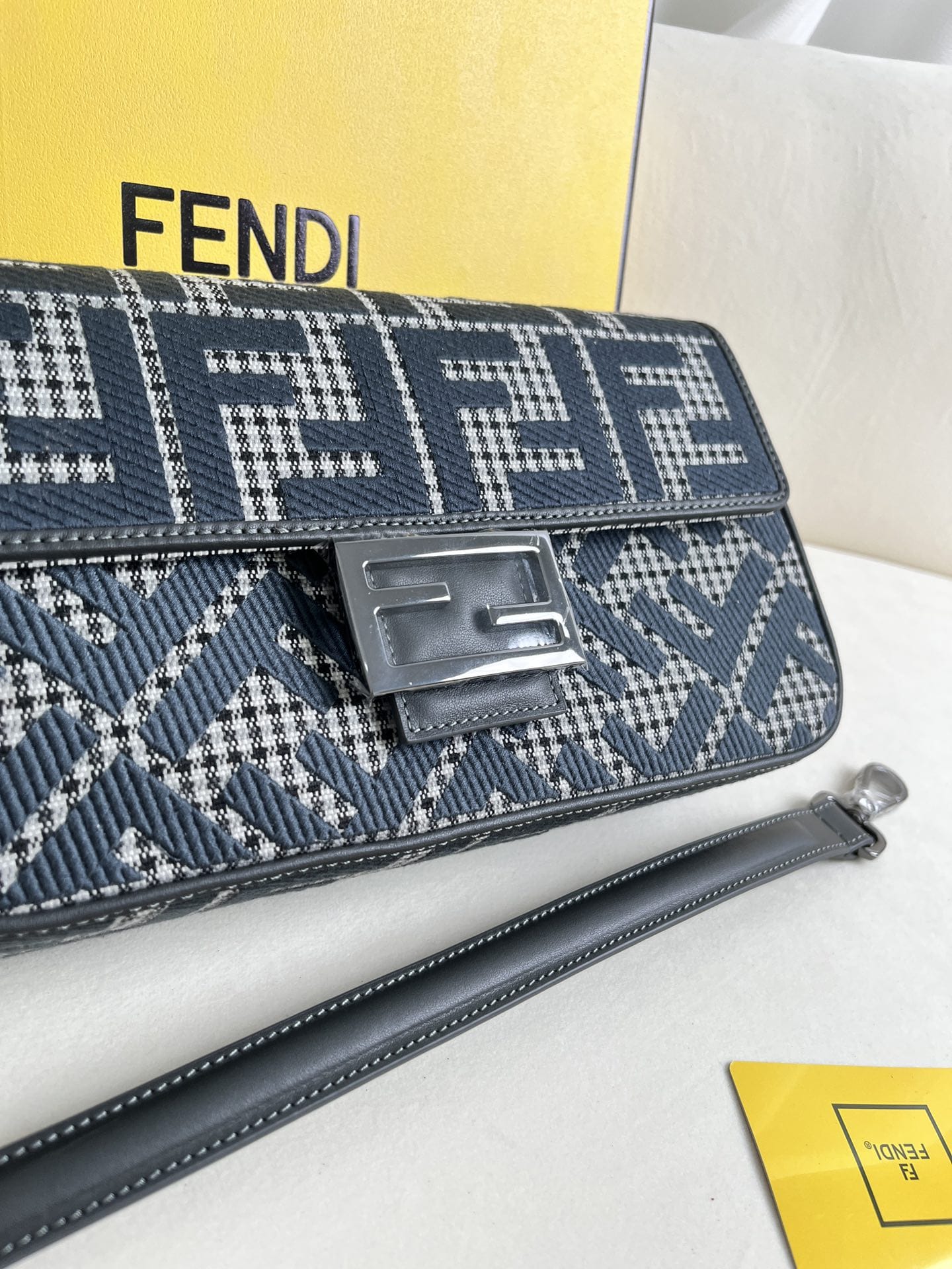 FENDI Baguette Grigio Anthracite Canvas Shoulder Bag With FF Motif