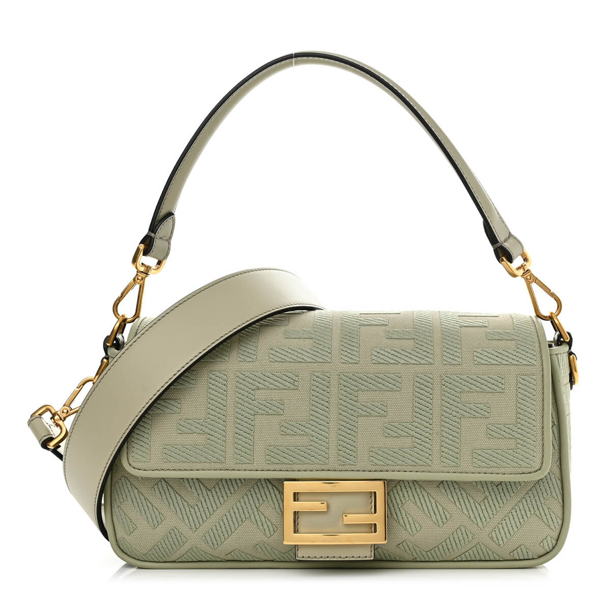 FENDI Baguette Green Tea Canvas Shoulder Bag With FF Motif