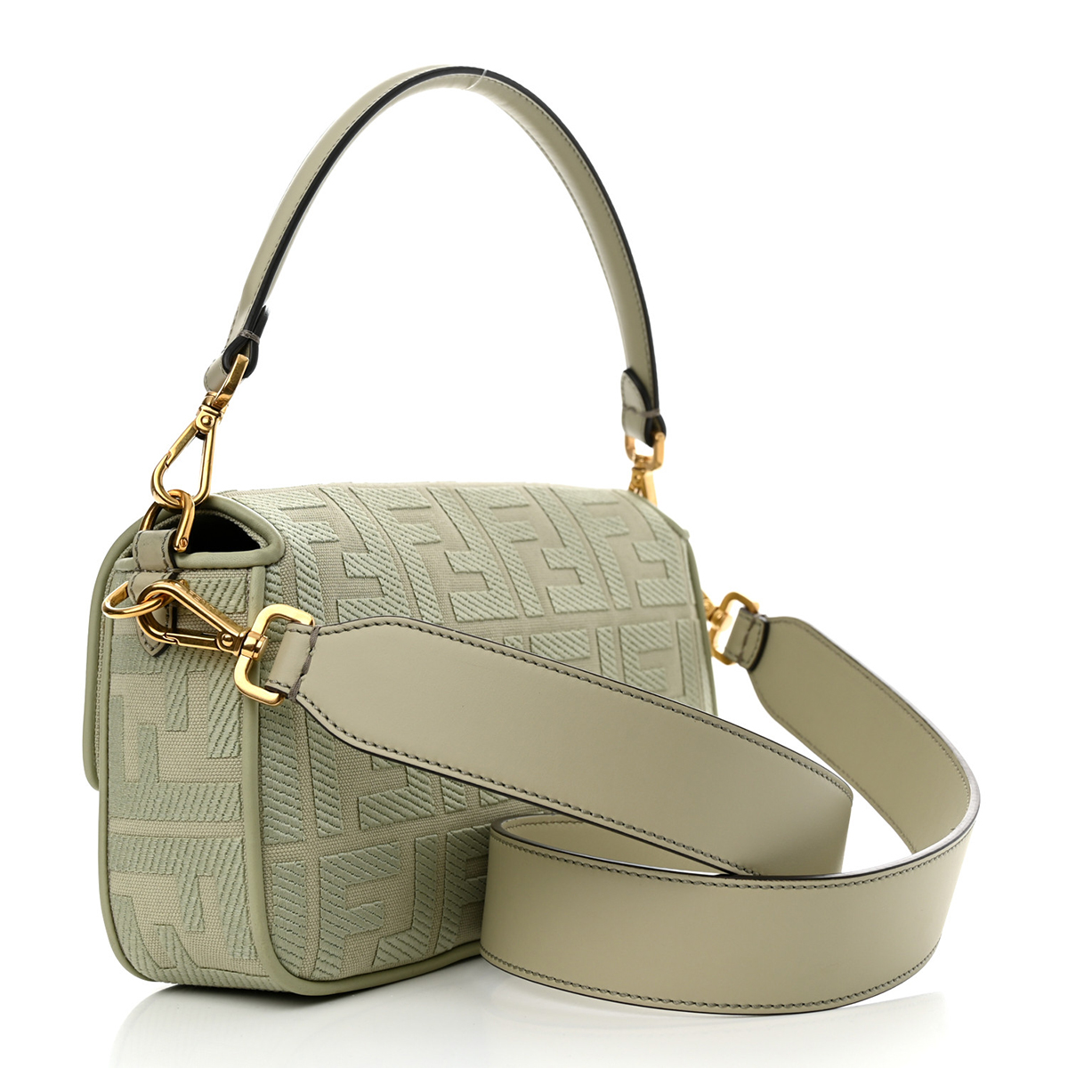 FENDI Baguette Green Tea Canvas Shoulder Bag With FF Motif