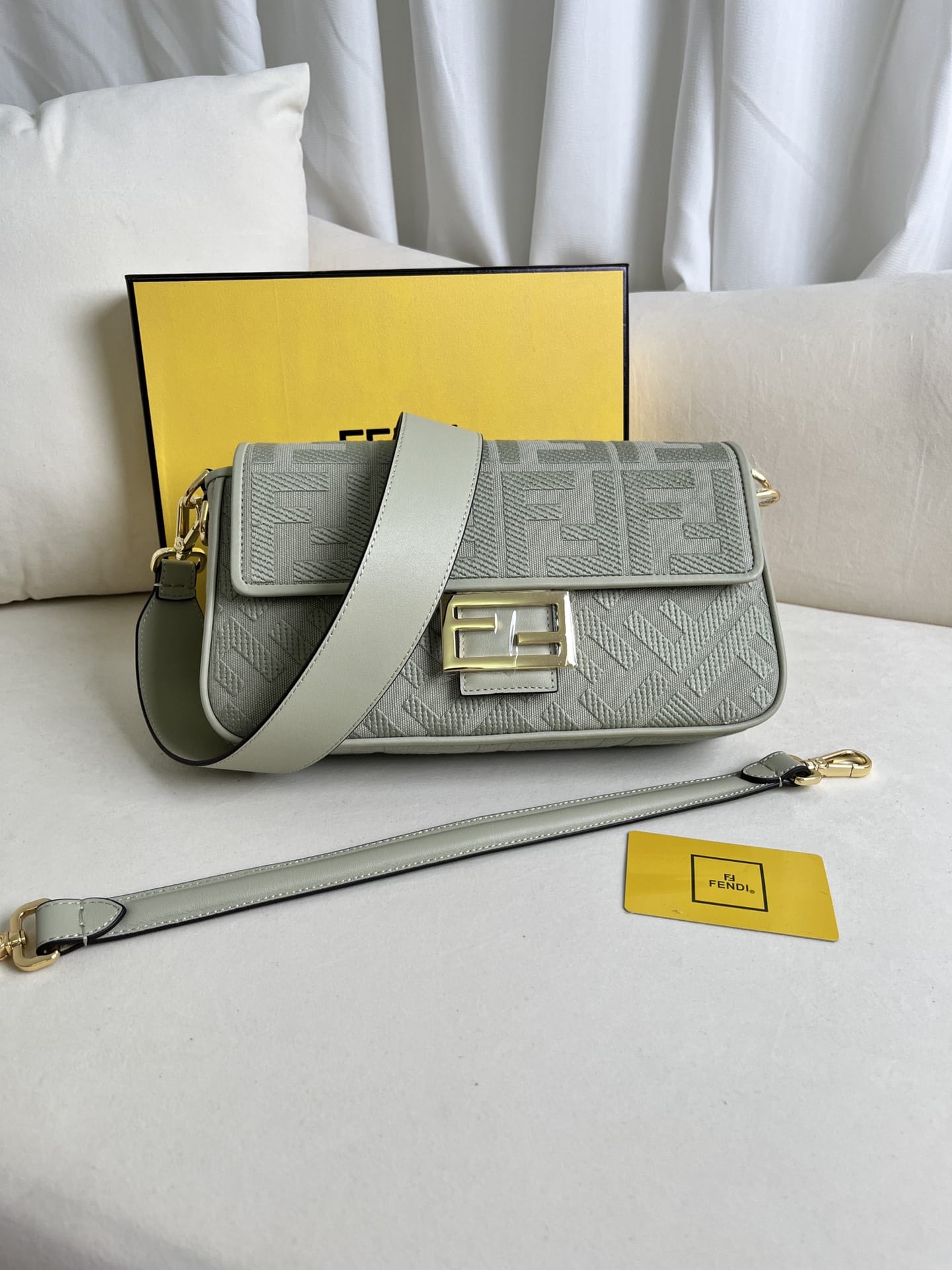 FENDI Baguette Green Tea Canvas Shoulder Bag With FF Motif