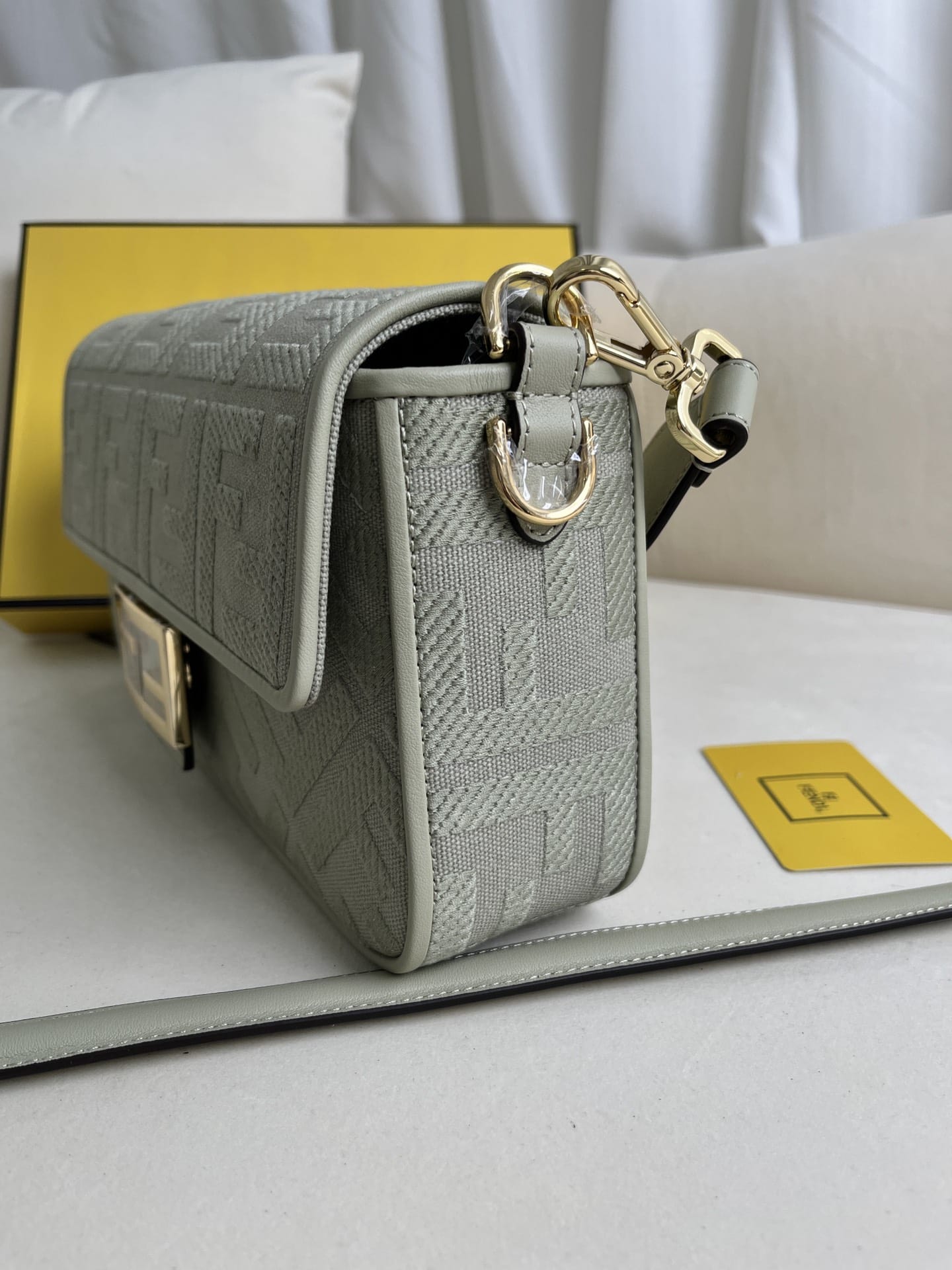 FENDI Baguette Green Tea Canvas Shoulder Bag With FF Motif