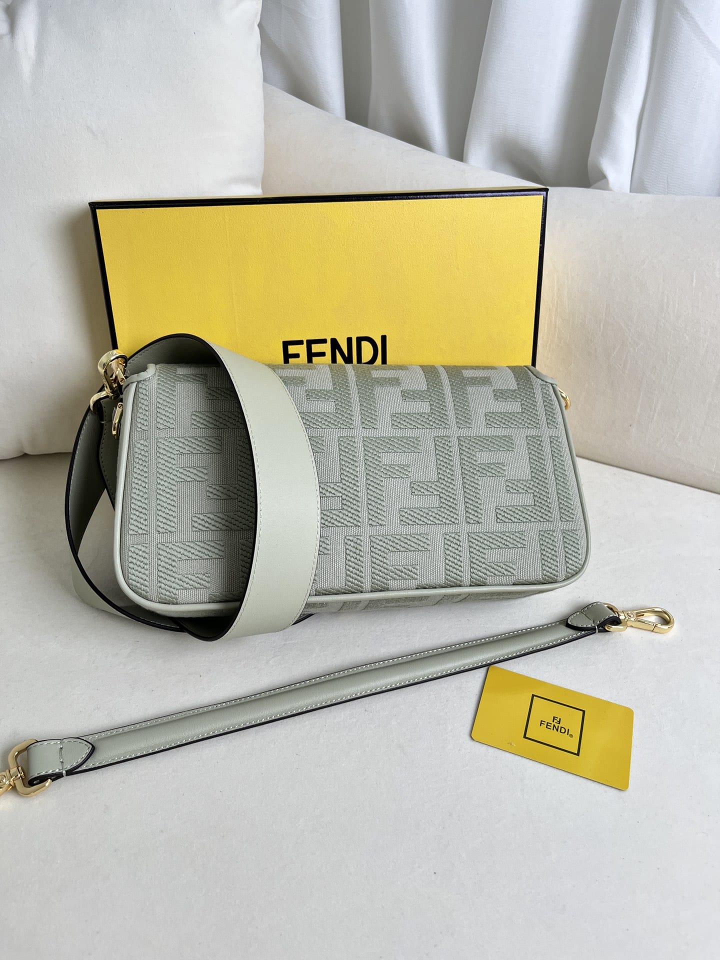 FENDI Baguette Green Tea Canvas Shoulder Bag With FF Motif