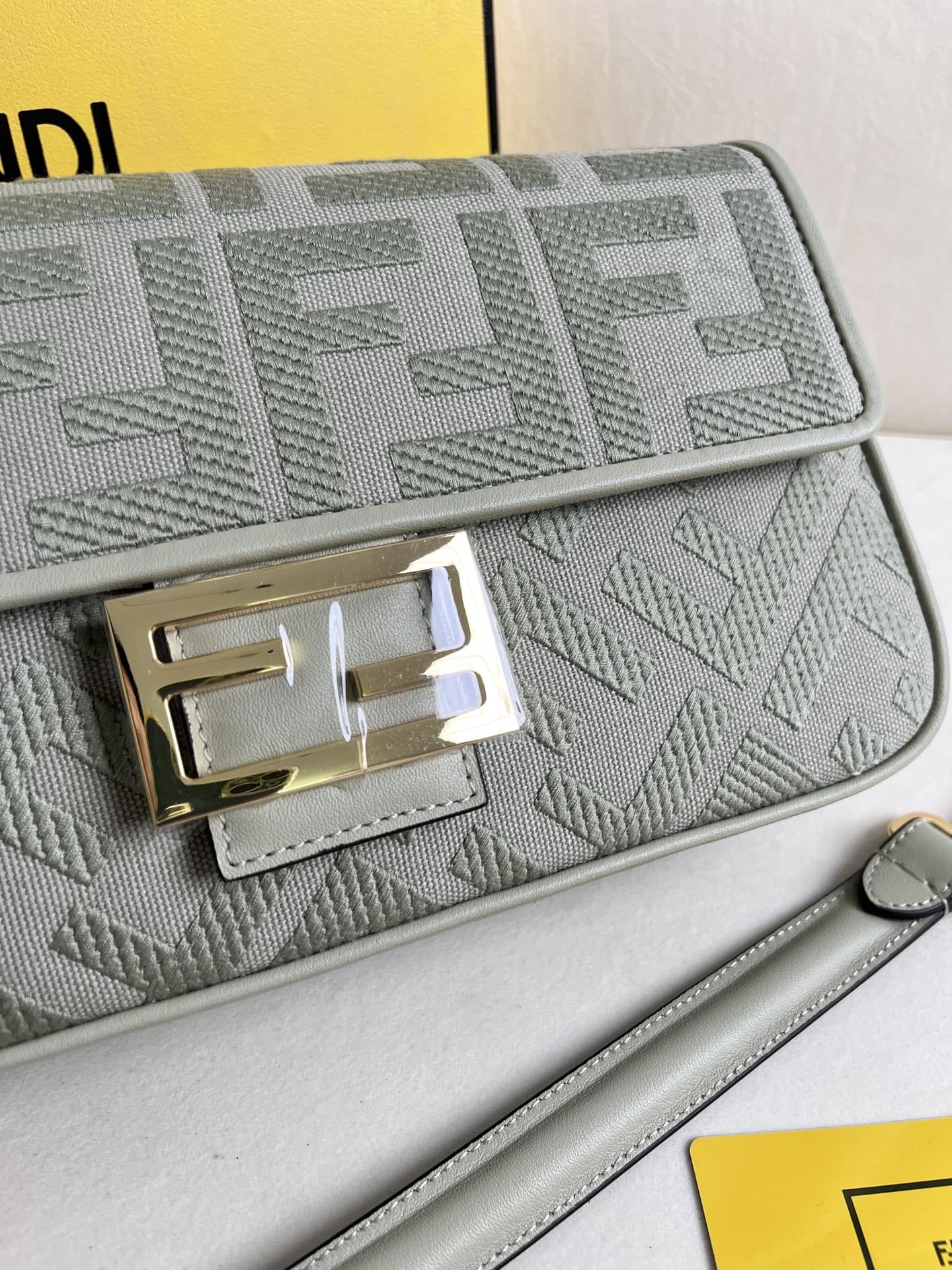 FENDI Baguette Green Tea Canvas Shoulder Bag With FF Motif