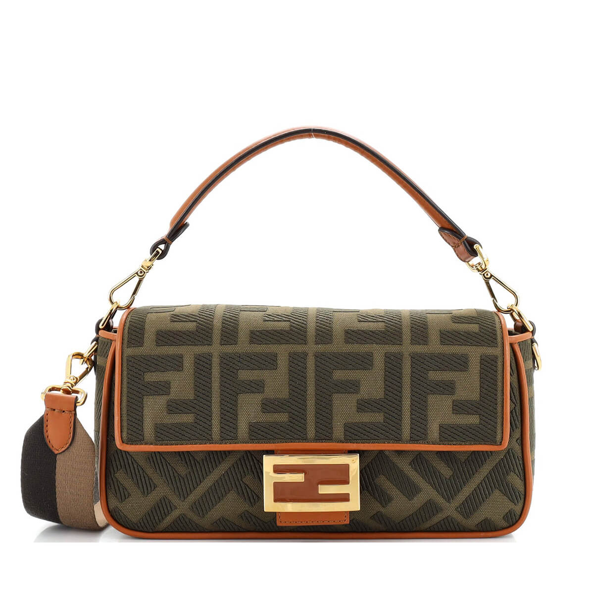 FENDI Baguette Army Green Canvas Shoulder Bag With FF Motif