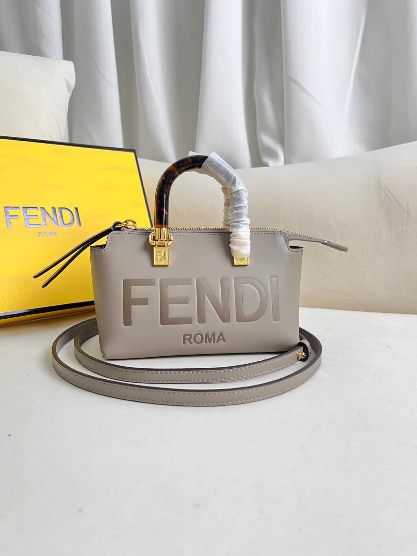 FENDI By The Way Mini Grey Boston Bag In Leather