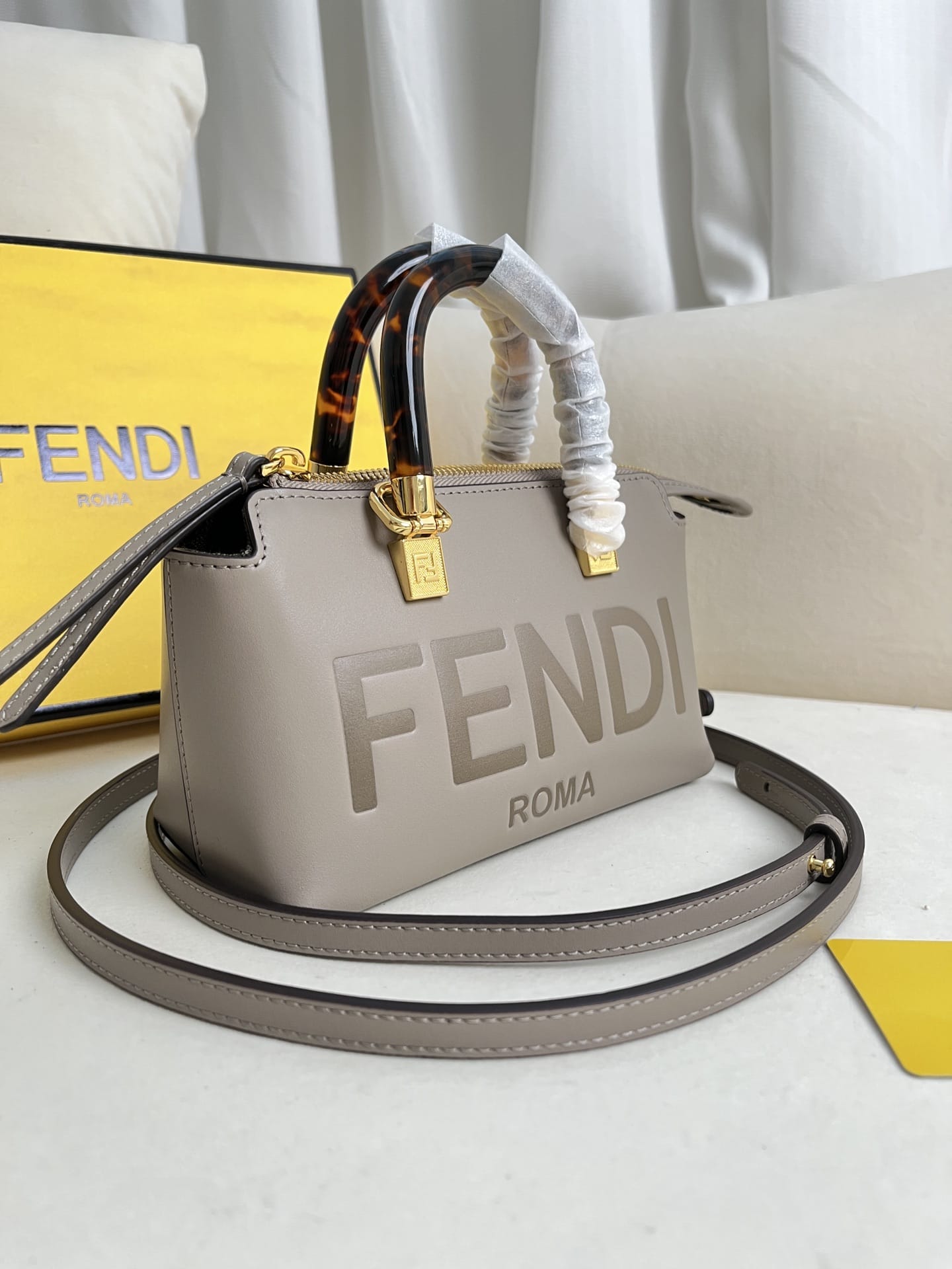 FENDI By The Way Mini Grey Boston Bag In Leather