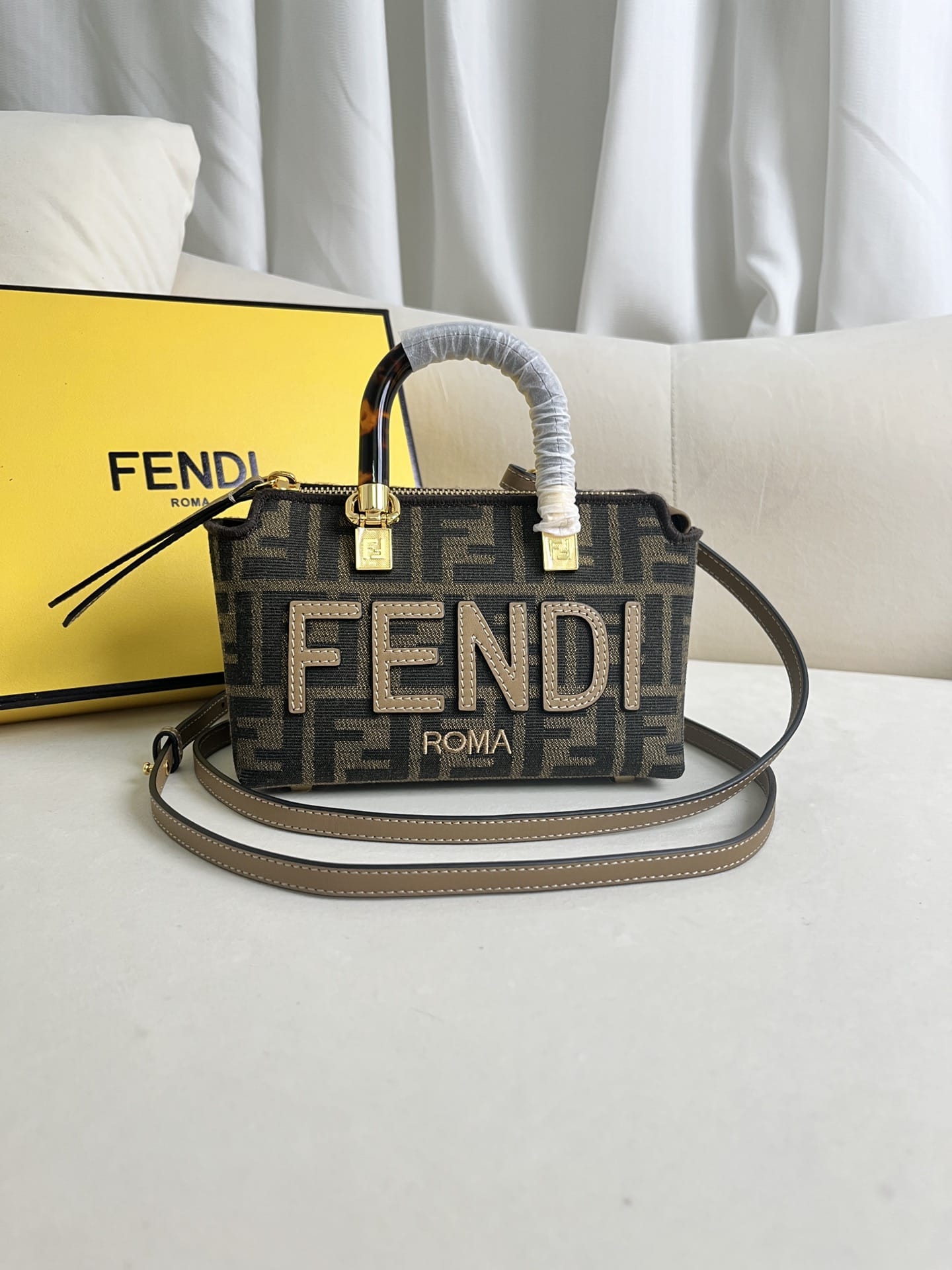 FENDI By The Way Mini Brown FF Fabric Boston Bag