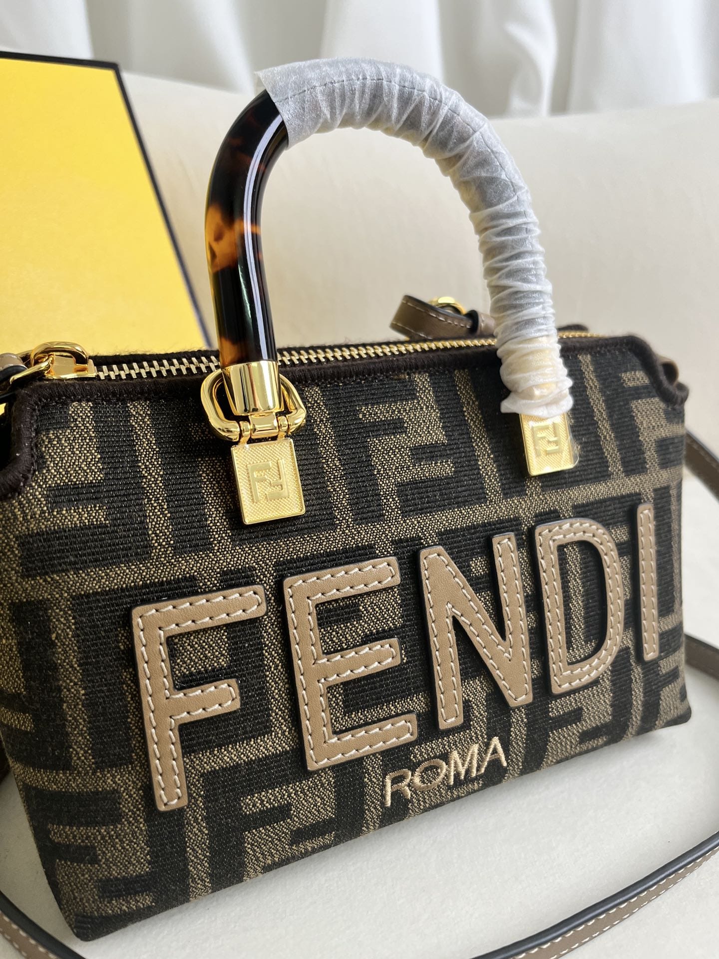 FENDI By The Way Mini Brown FF Fabric Boston Bag