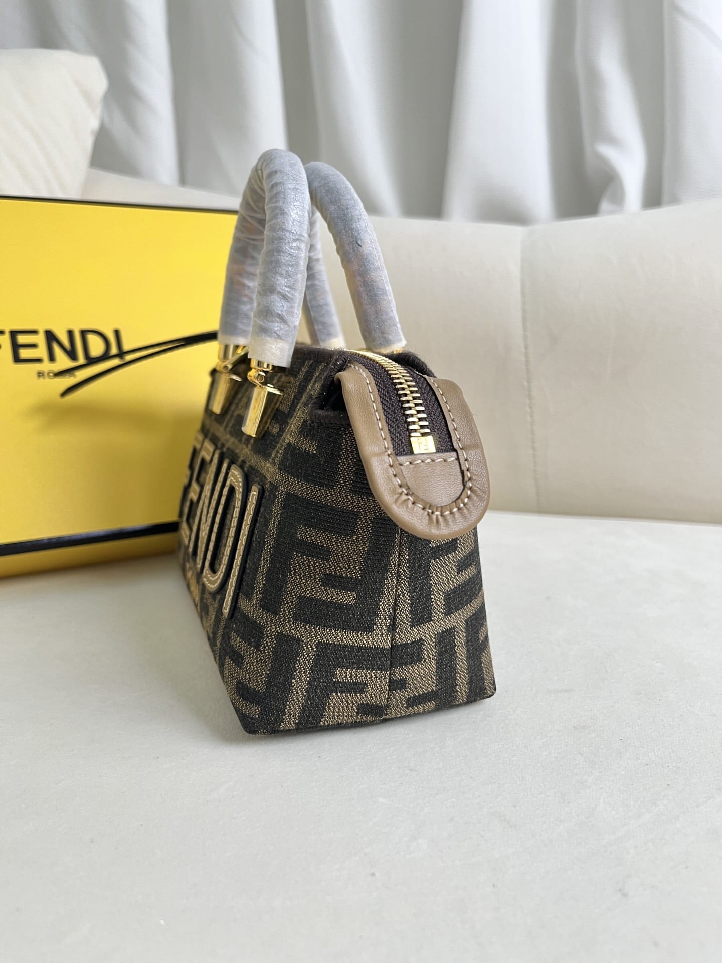 FENDI By The Way Mini Brown FF Fabric Boston Bag