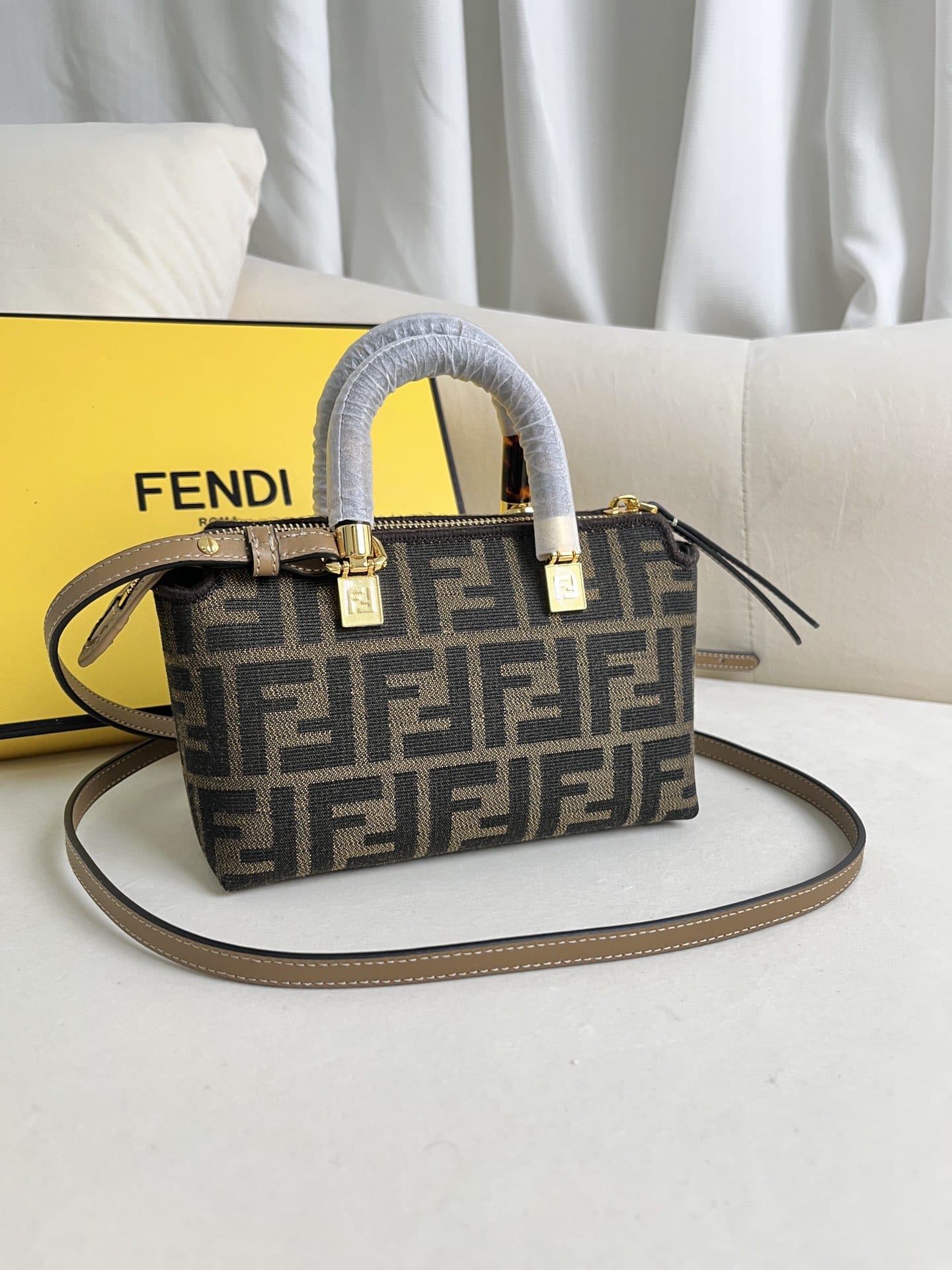 FENDI By The Way Mini Brown FF Fabric Boston Bag