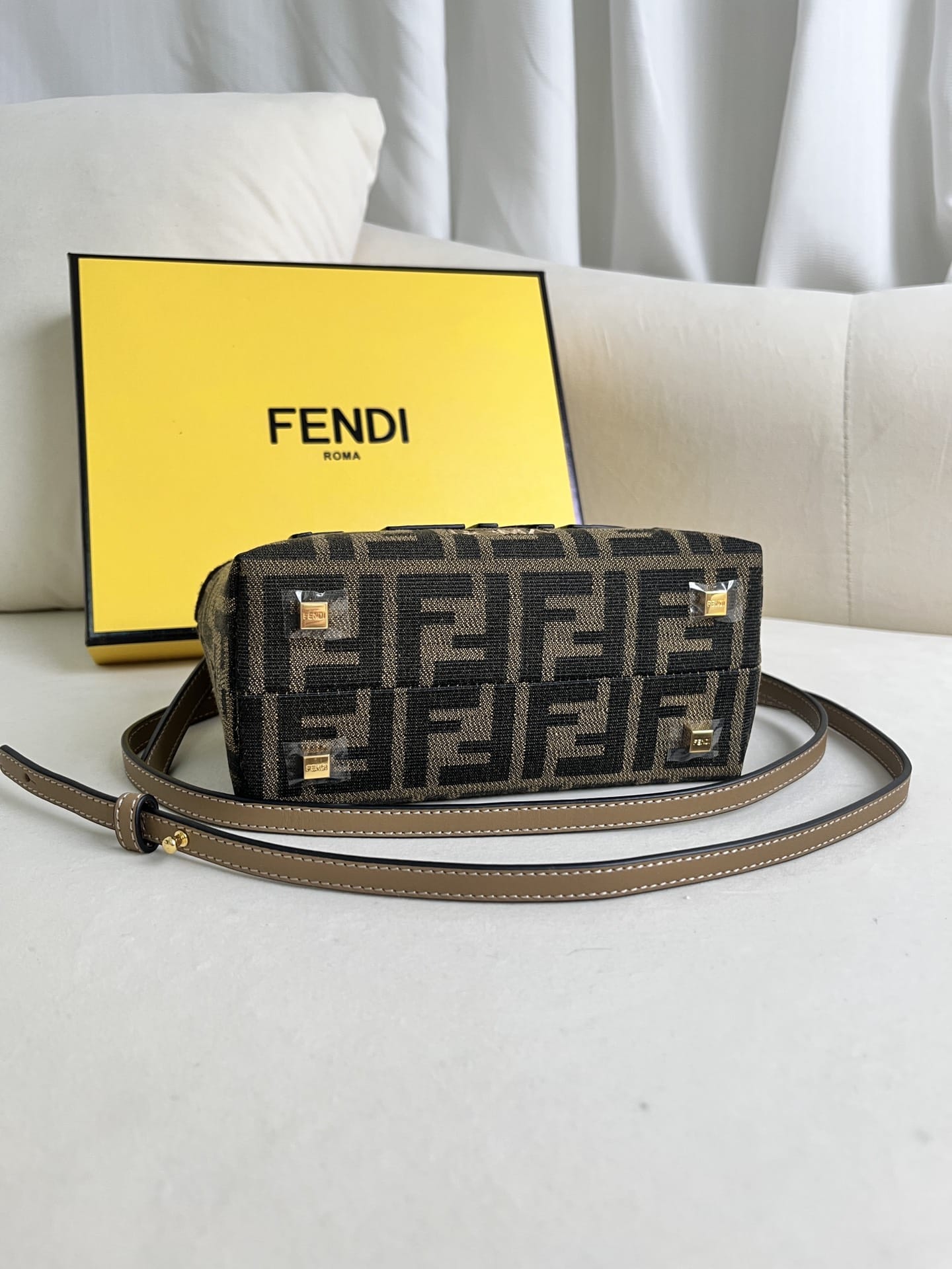 FENDI By The Way Mini Brown FF Fabric Boston Bag