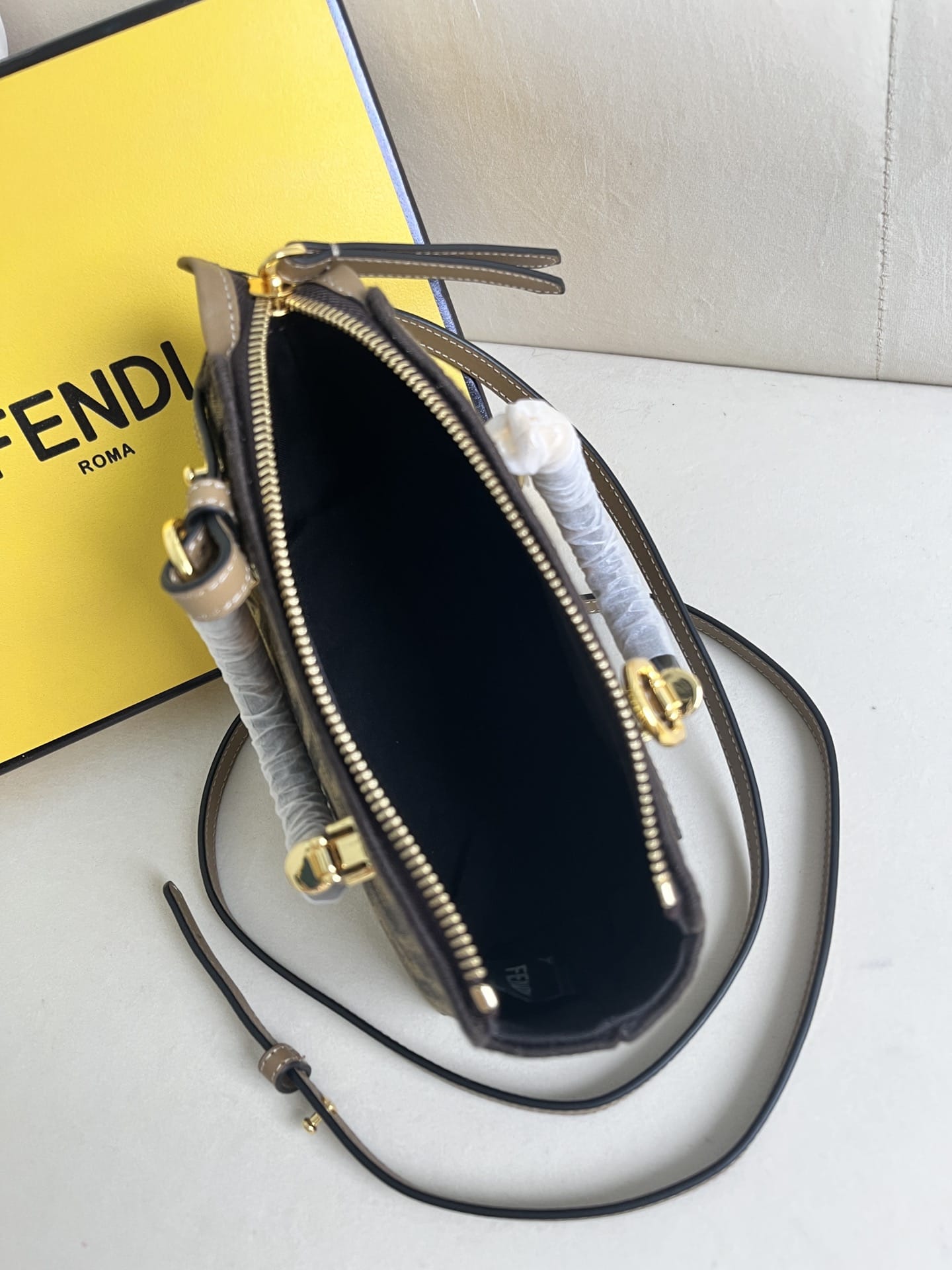 FENDI By The Way Mini Brown FF Fabric Boston Bag