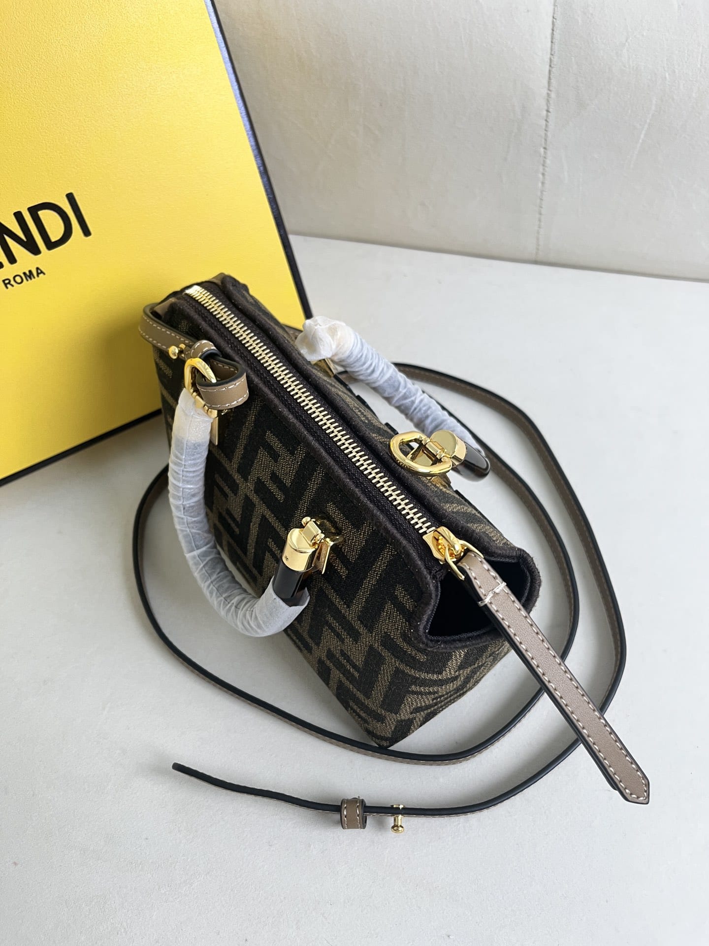 FENDI By The Way Mini Brown FF Fabric Boston Bag