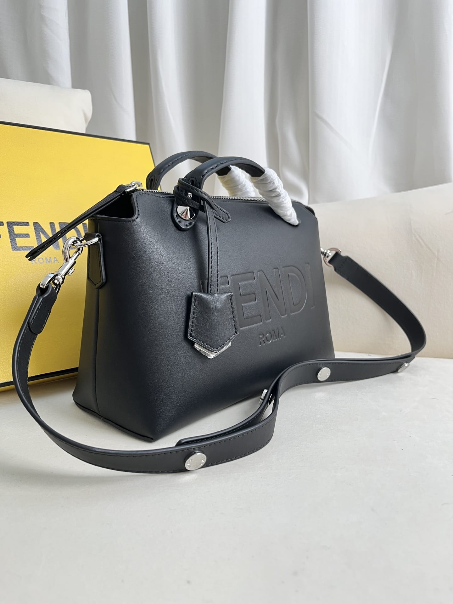 FENDI By The Way Medium Black Leather Boston Bag