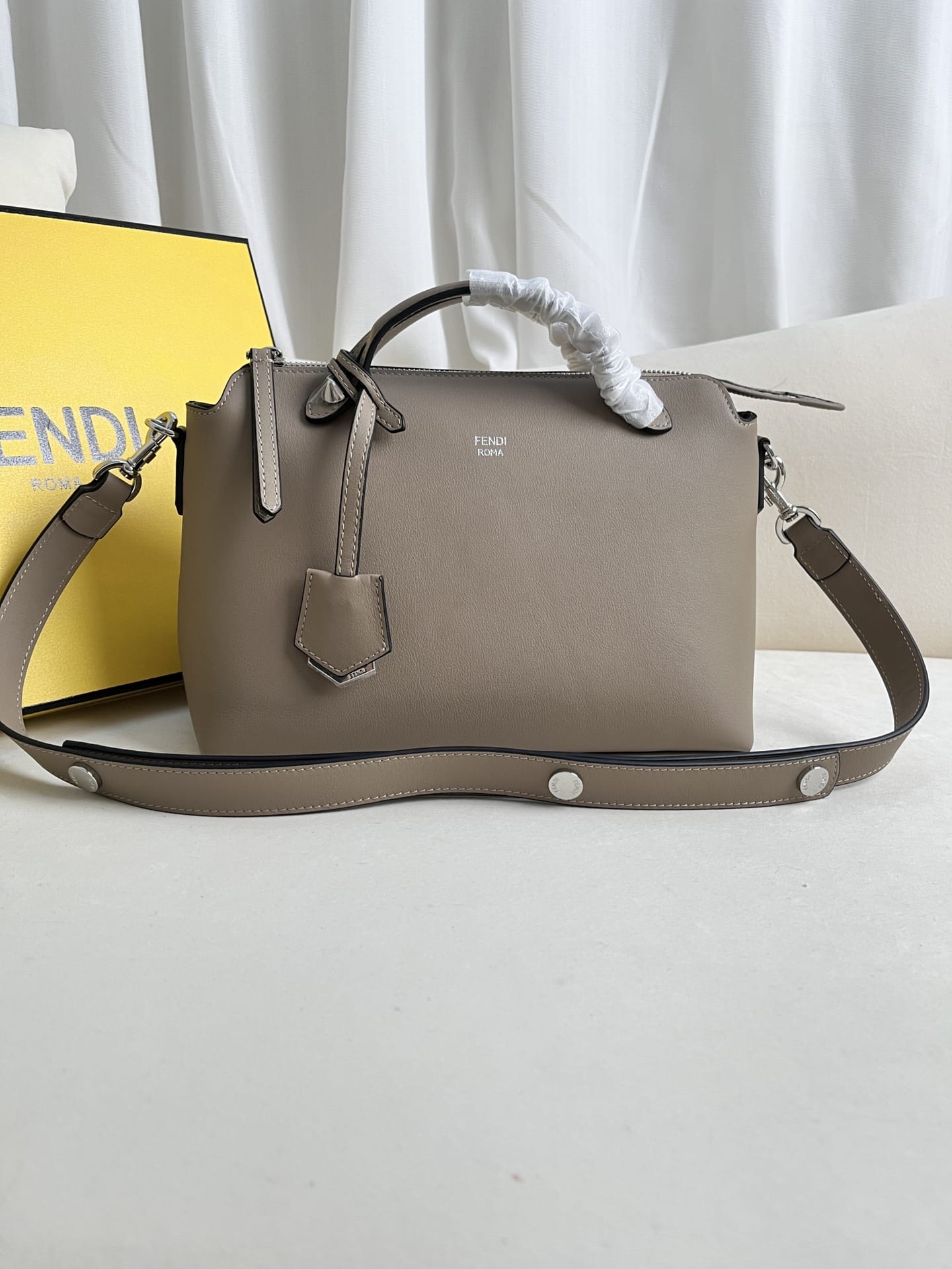 FENDI By The Way Medium Beige Leather Boston Bag