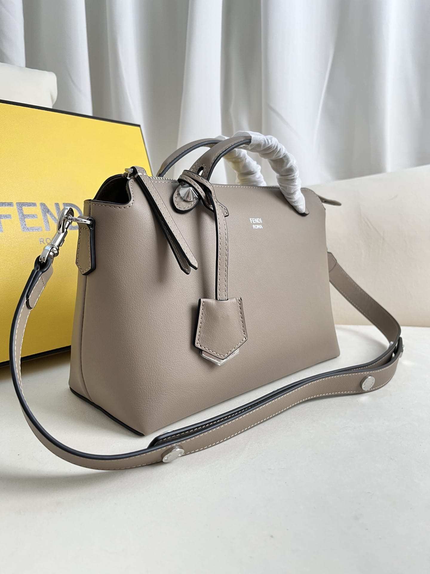 FENDI By The Way Medium Beige Leather Boston Bag