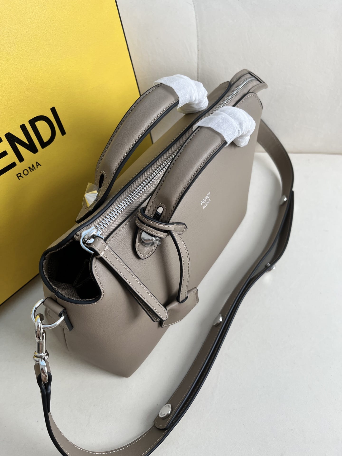 FENDI By The Way Medium Beige Leather Boston Bag