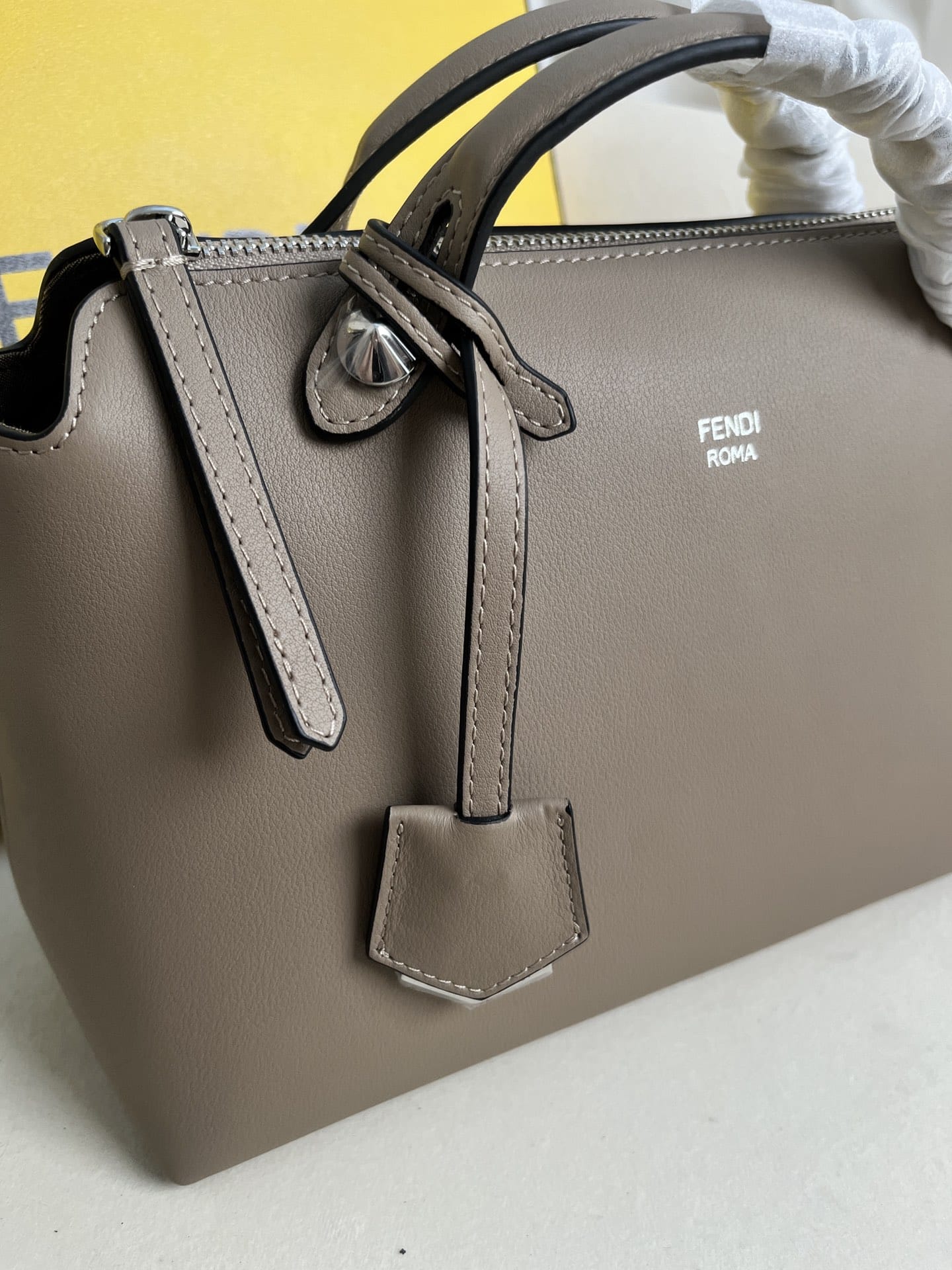 FENDI By The Way Medium Beige Leather Boston Bag