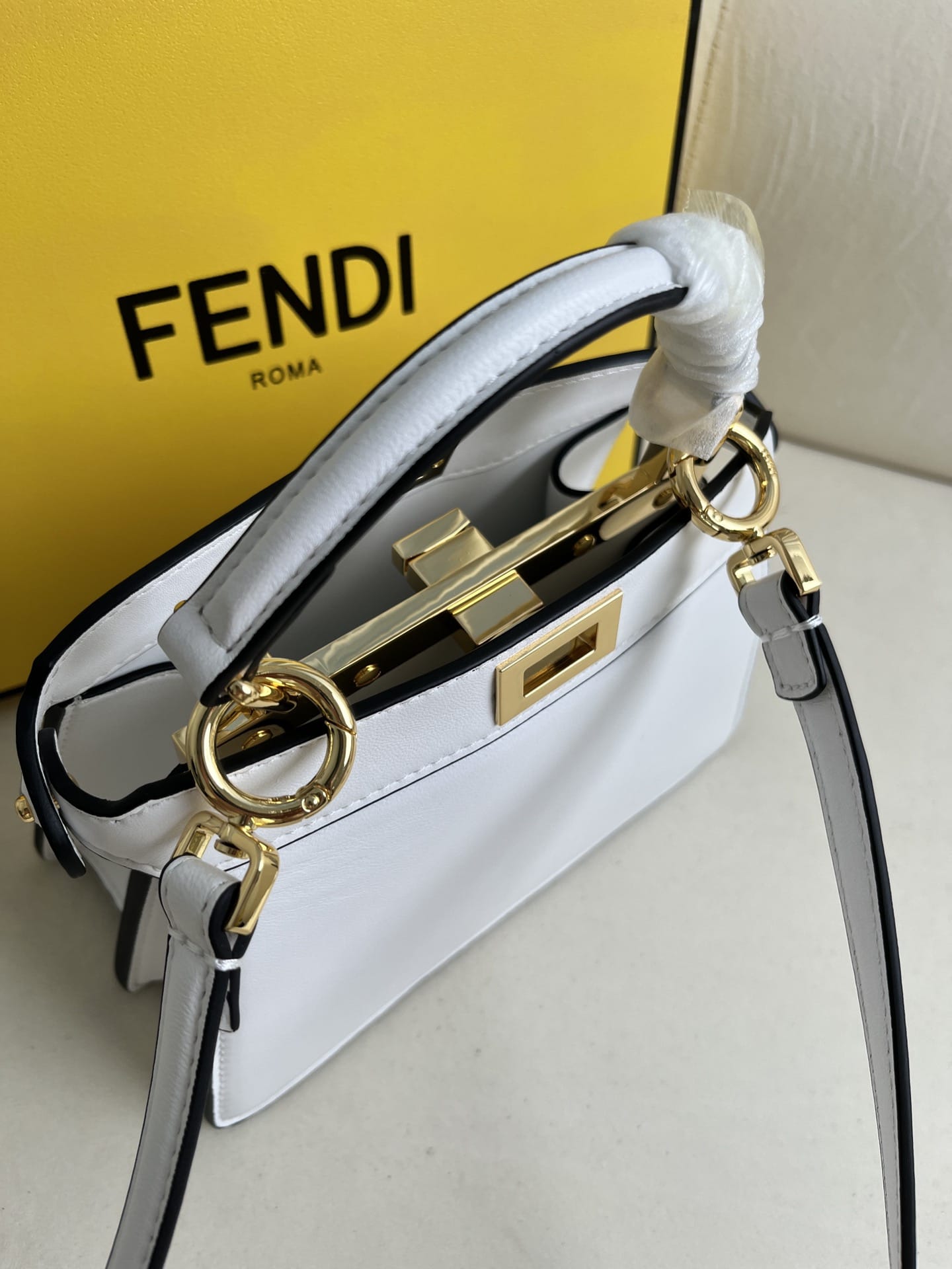 FENDI TIMELESS Peekaboo ISeeU Petite White Calfskin Leather Bag