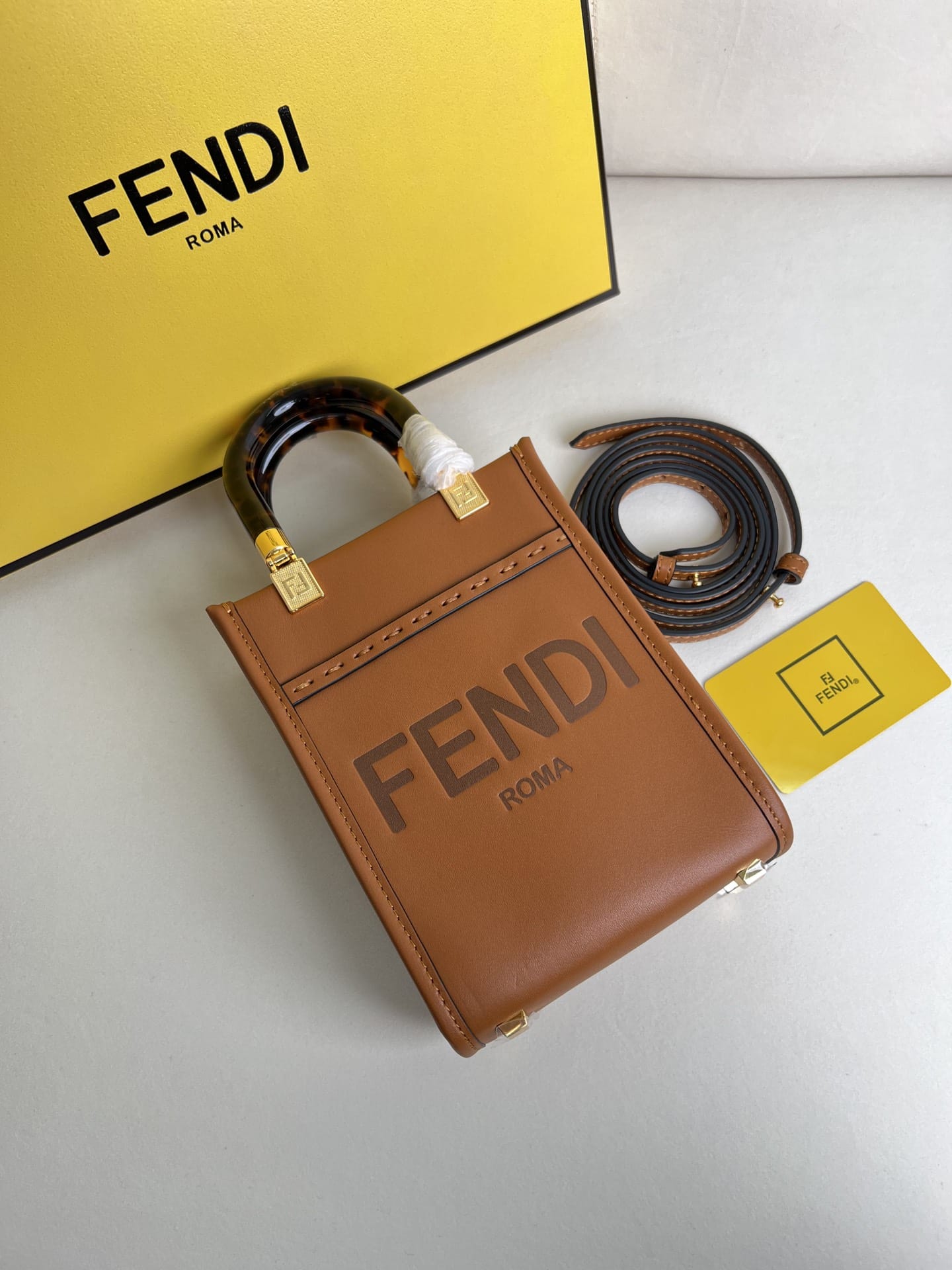 FENDI Mini Sunshine Shopper Brown Leather Bag