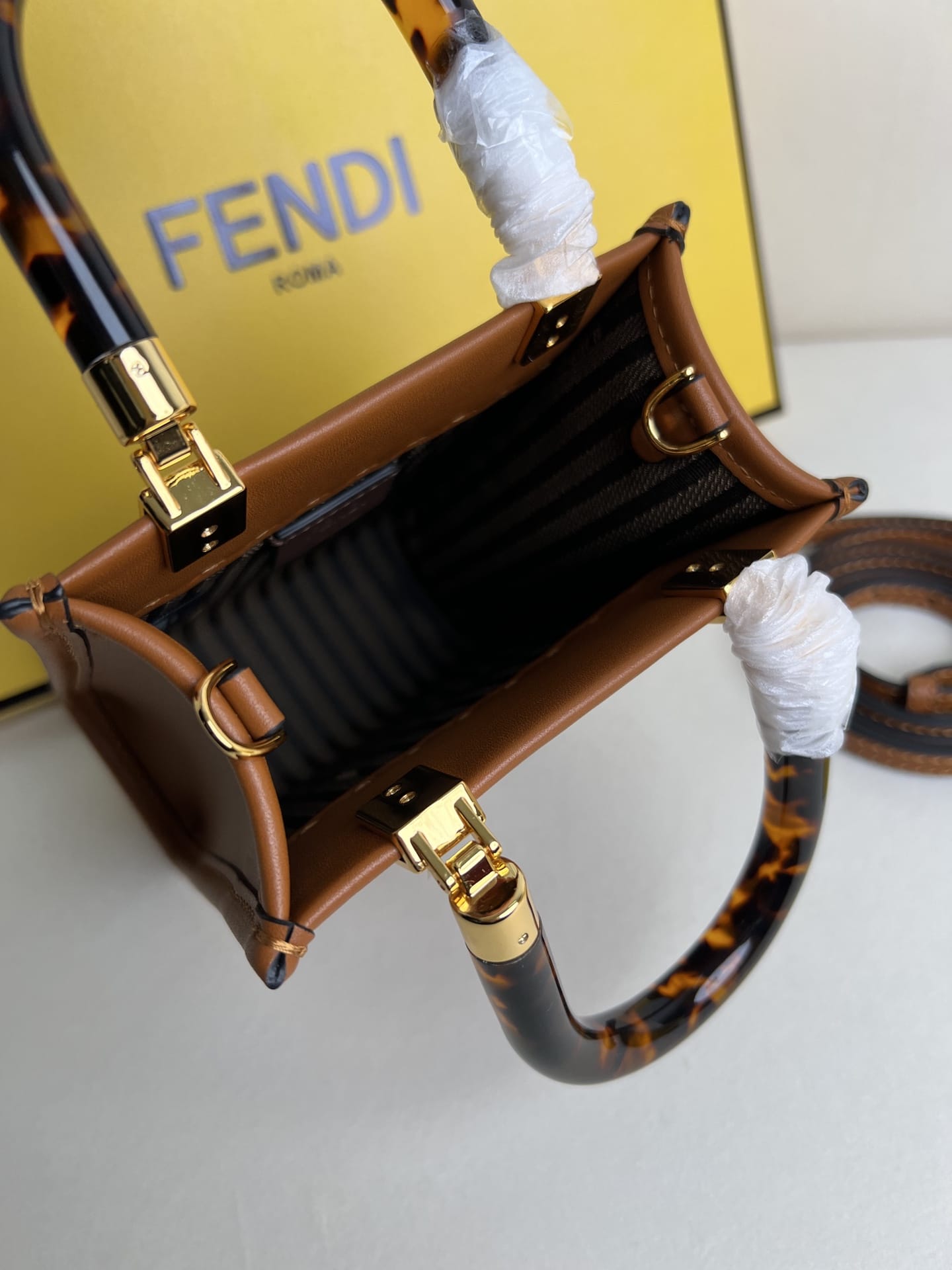 FENDI Mini Sunshine Shopper Brown Leather Bag