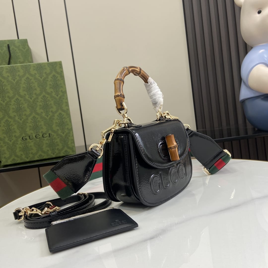 GUCCI Bamboo 1947 Mini Top Handle Bag with GUCCI Logo - Black Leather