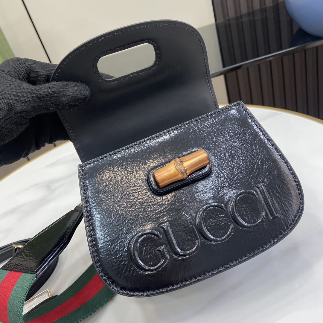 GUCCI Bamboo 1947 Mini Top Handle Bag with GUCCI Logo - Black Leather