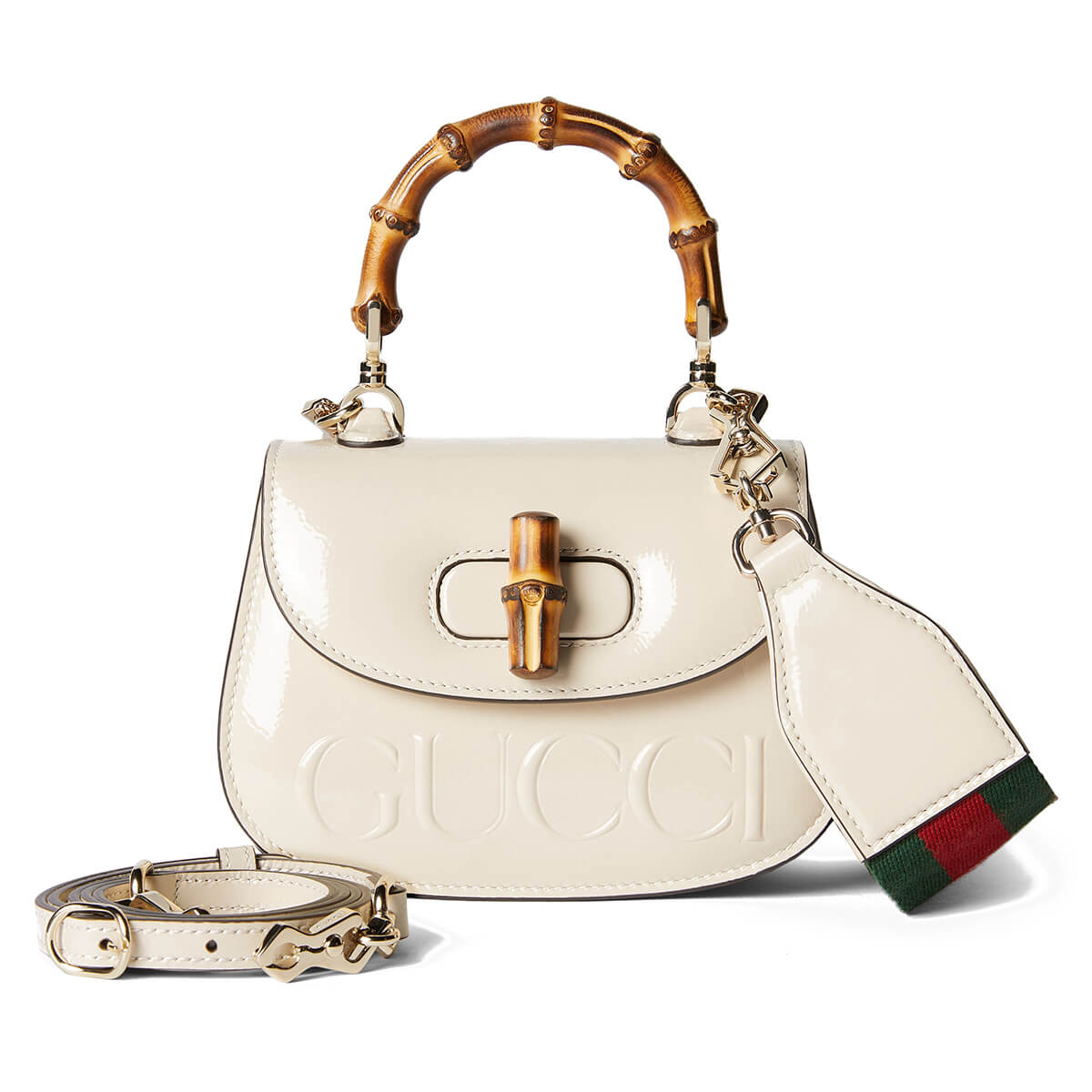 GUCCI Bamboo 1947 Mini Top Handle Bag with GUCCI Logo - White Leather