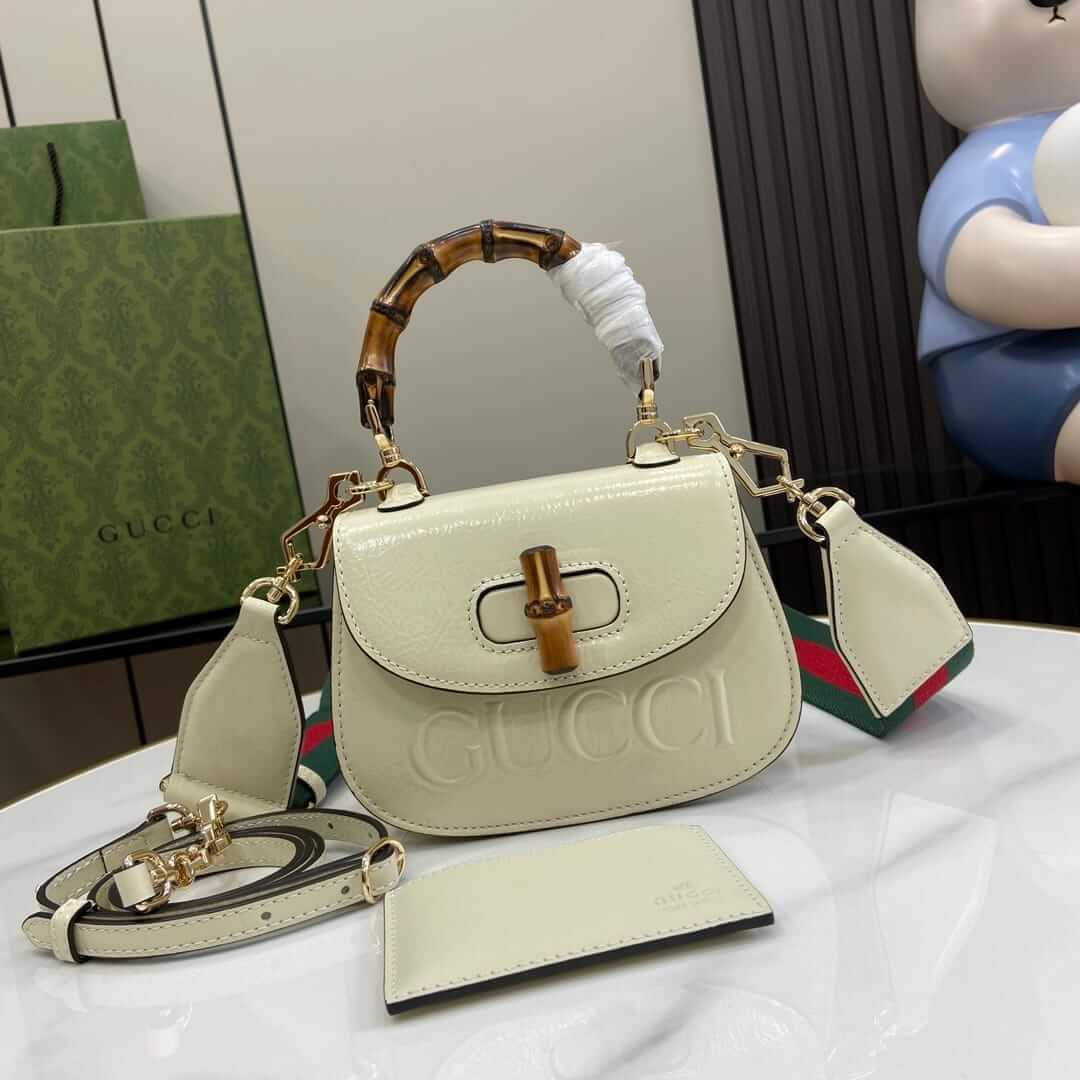 GUCCI Bamboo 1947 Mini Top Handle Bag with GUCCI Logo - White Leather