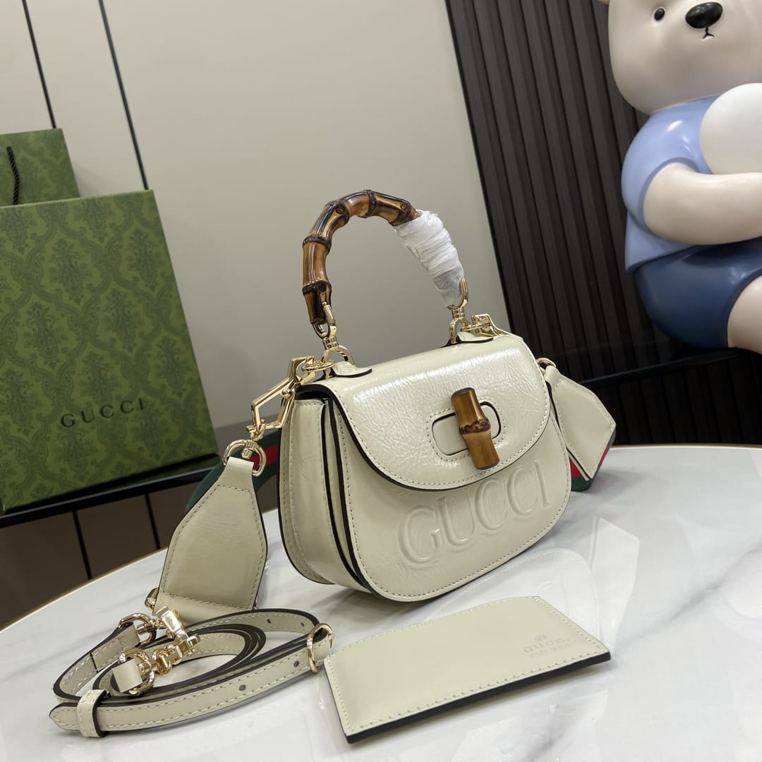 GUCCI Bamboo 1947 Mini Top Handle Bag with GUCCI Logo - White Leather