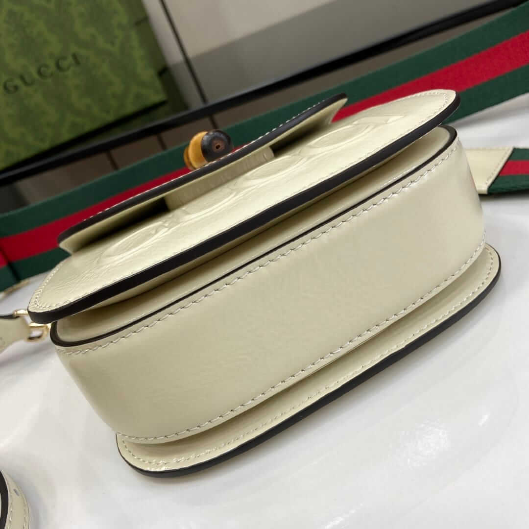 GUCCI Bamboo 1947 Mini Top Handle Bag with GUCCI Logo - White Leather