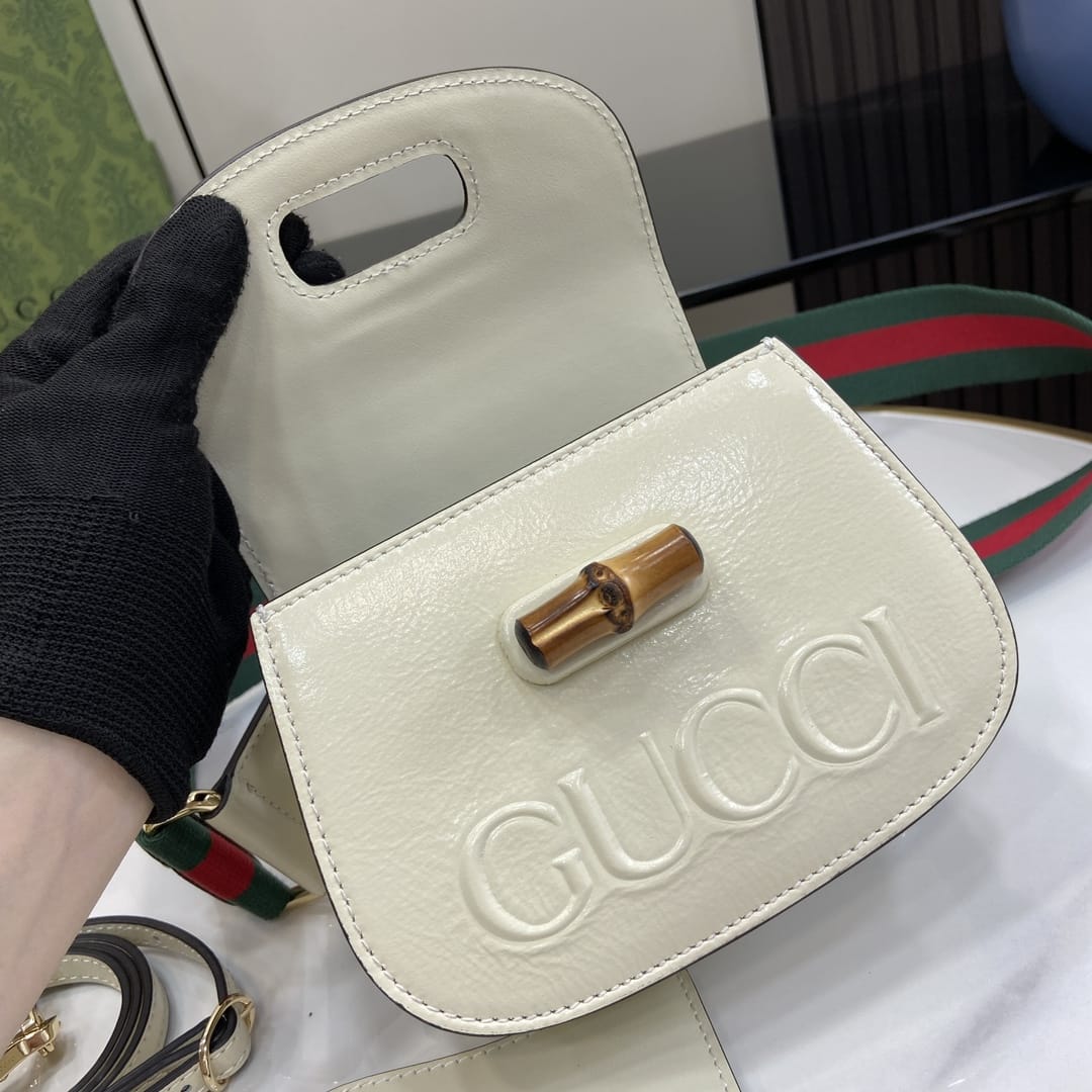 GUCCI Bamboo 1947 Mini Top Handle Bag with GUCCI Logo - White Leather