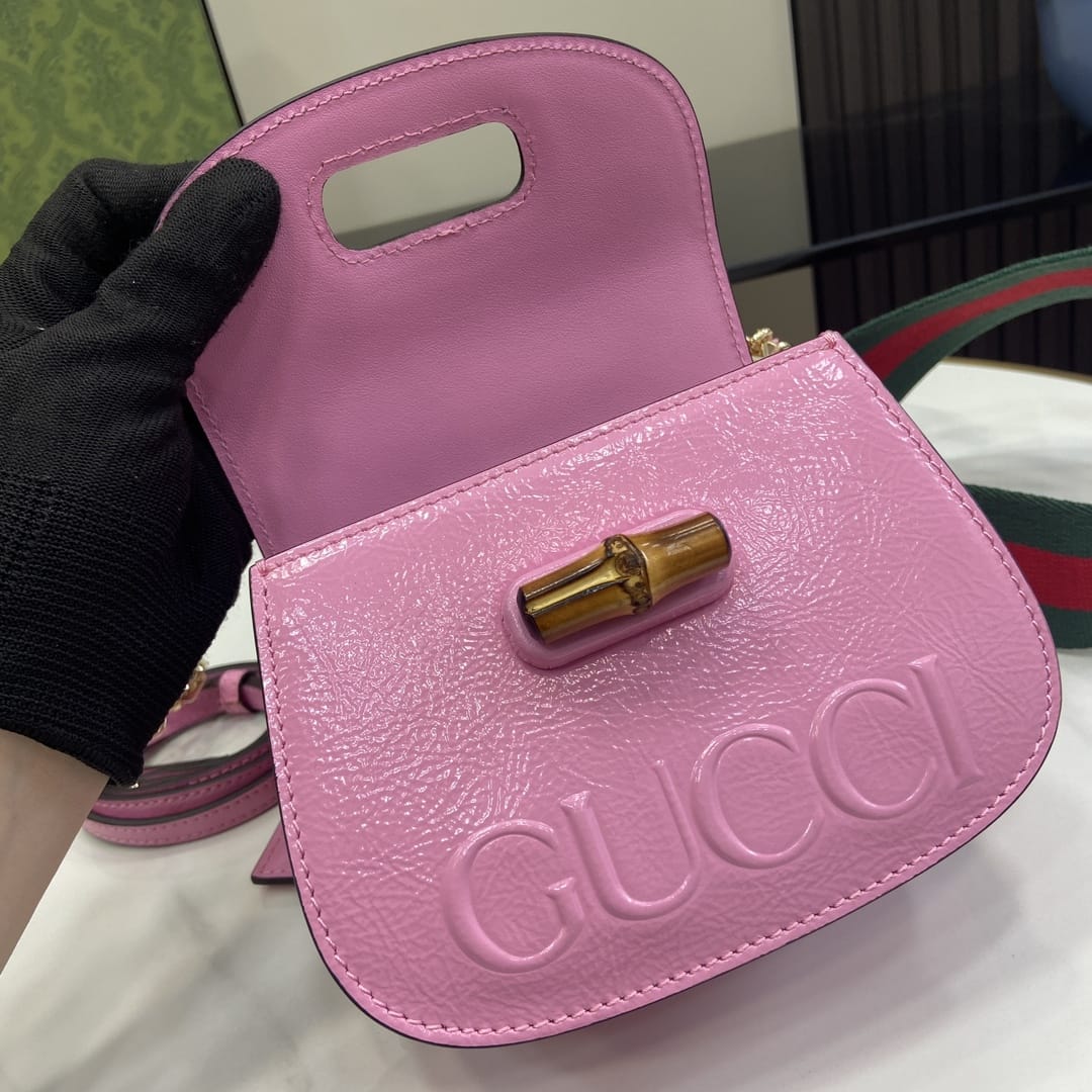 GUCCI Bamboo 1947 Mini Top Handle Bag with GUCCI Logo - Pink Leather