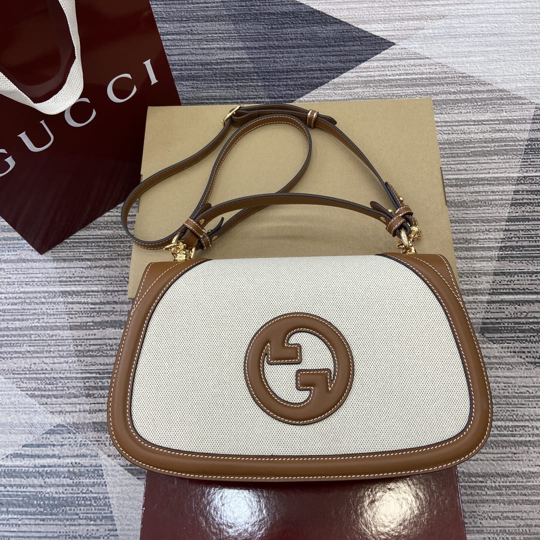 GUCCI Blondie Medium Top Handle Bag - Natural Canvas & Brown Leather