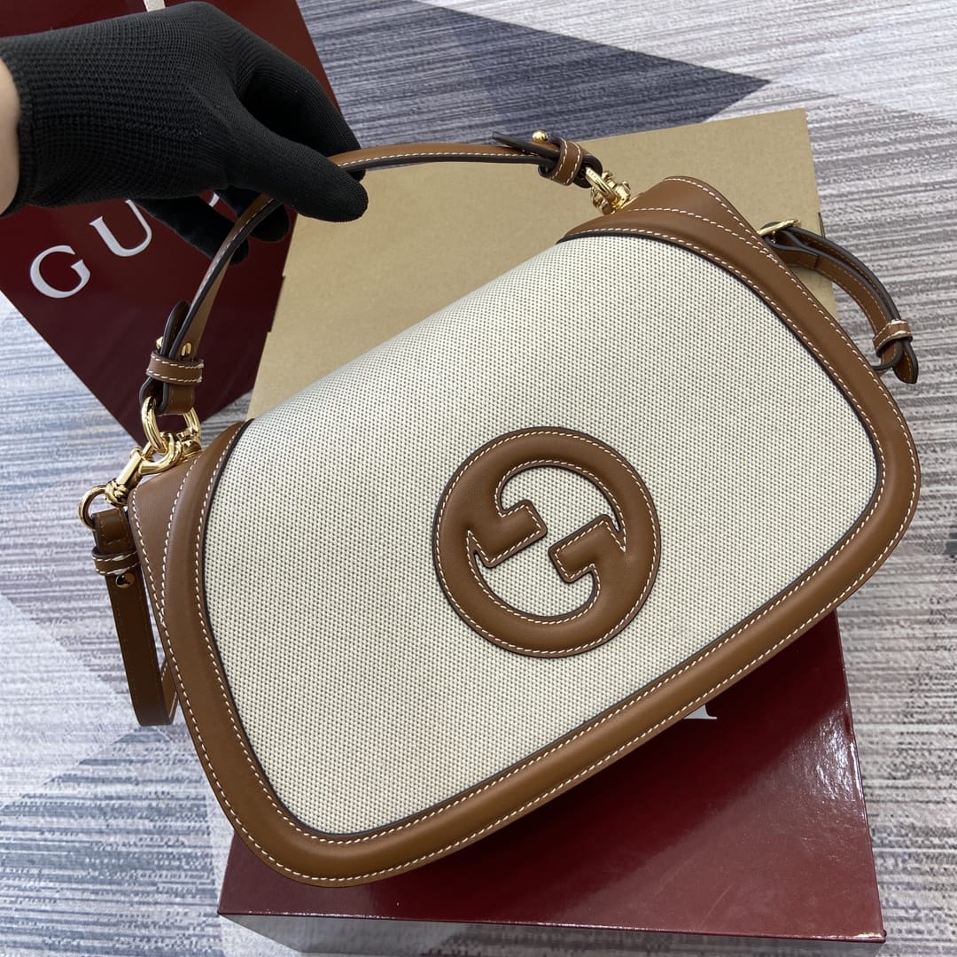 GUCCI Blondie Medium Top Handle Bag - Natural Canvas & Brown Leather