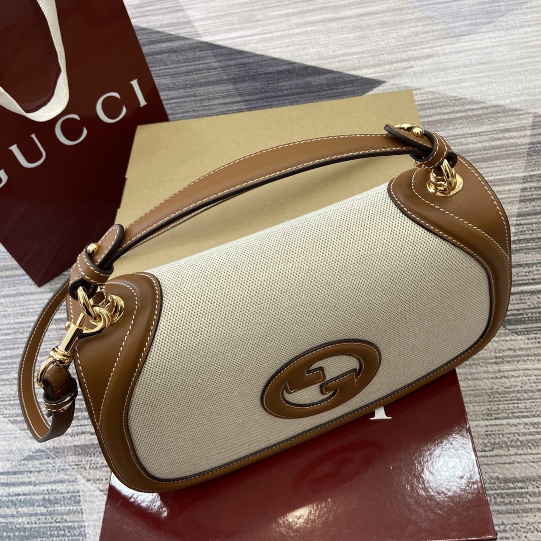 GUCCI Blondie Medium Top Handle Bag - Natural Canvas & Brown Leather